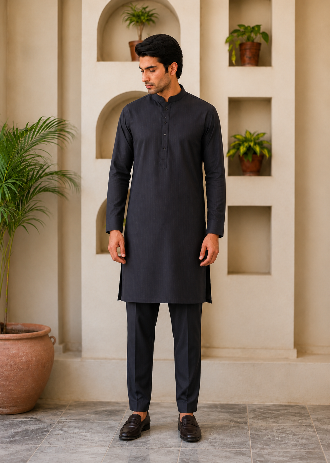 textured wash & wear Kurta Set in Obsidian