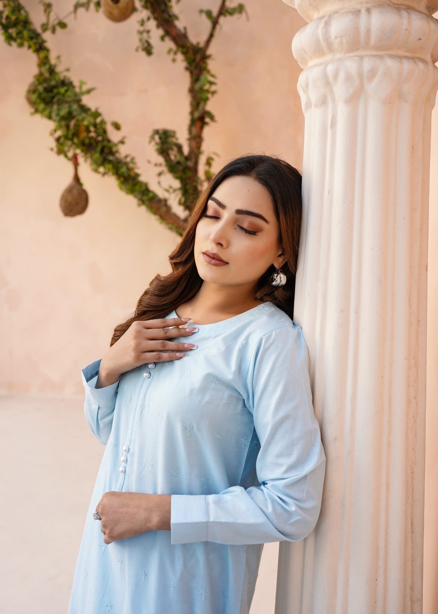 schiffli Kurta Set in Ice blue