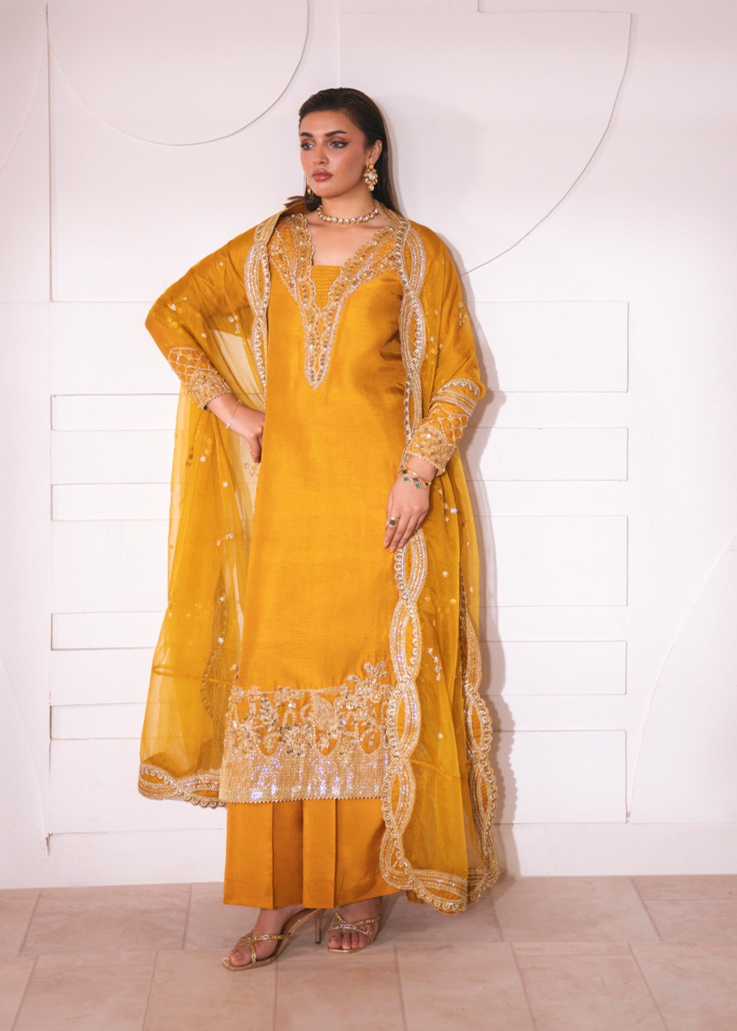 korean raw silk Kurta Set in Mustard