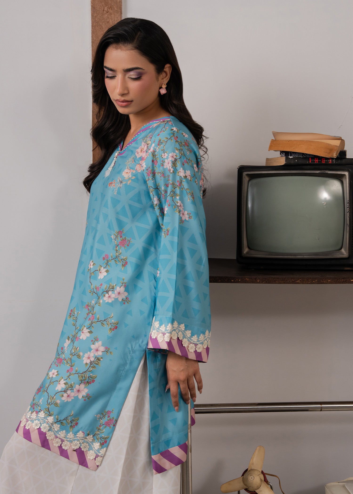 poly lawn Kurta Set in Sky blue
