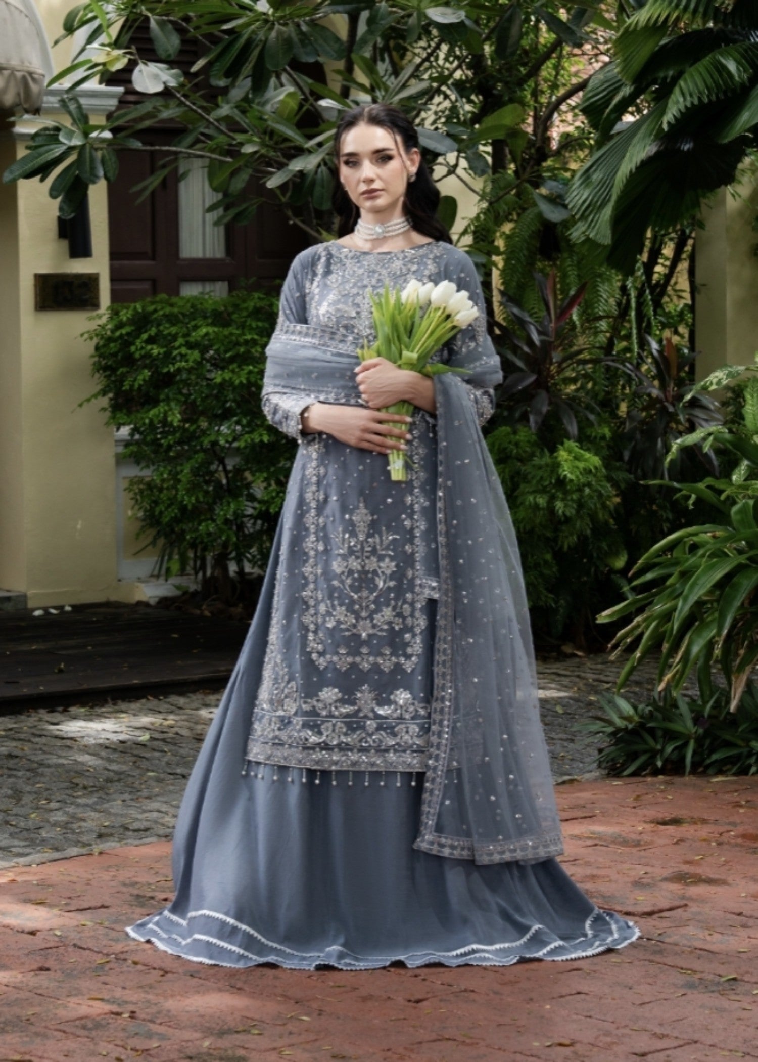 net Lehenga in Slate grey