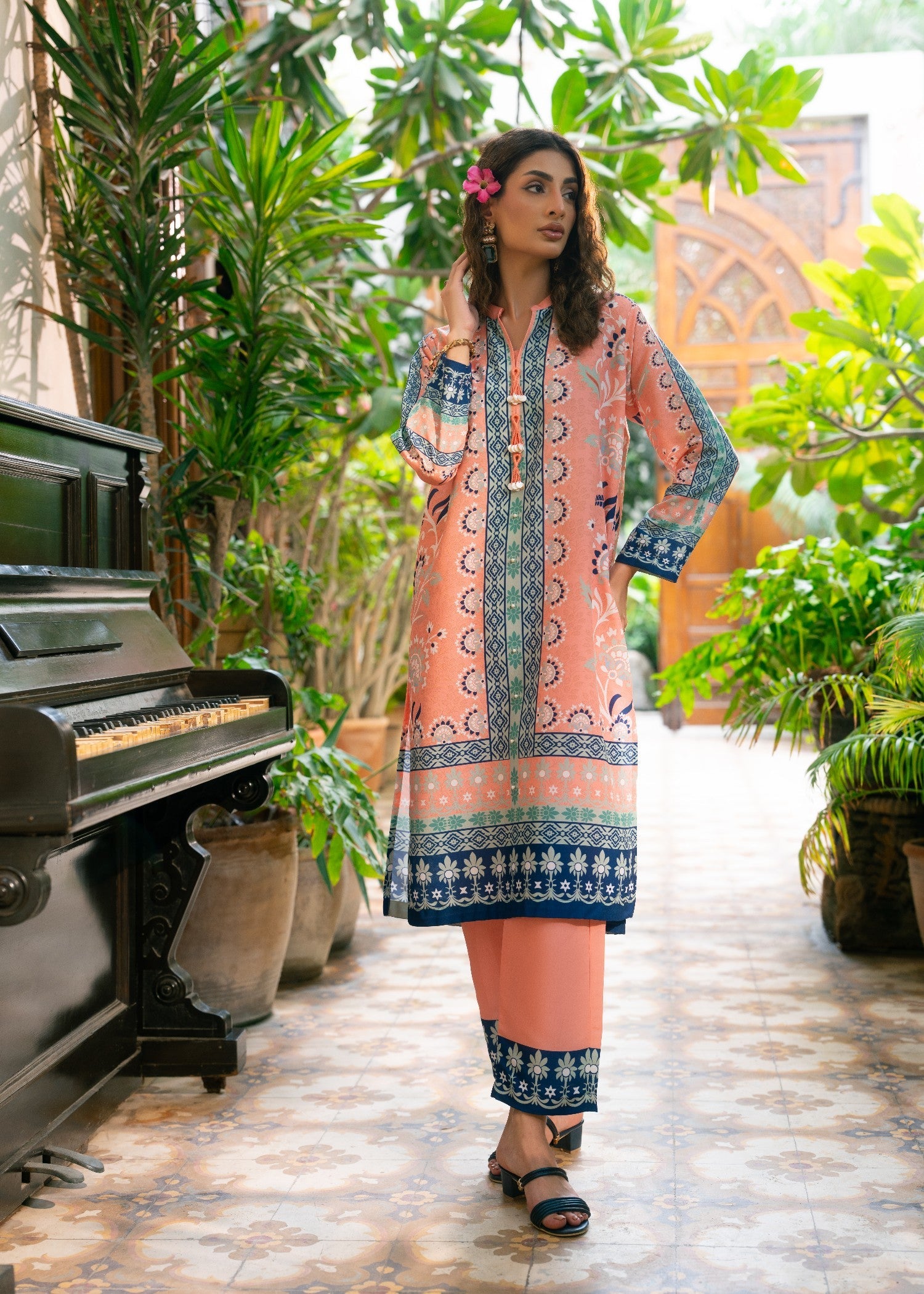 poly lawn Kurta Set in Peach pink
