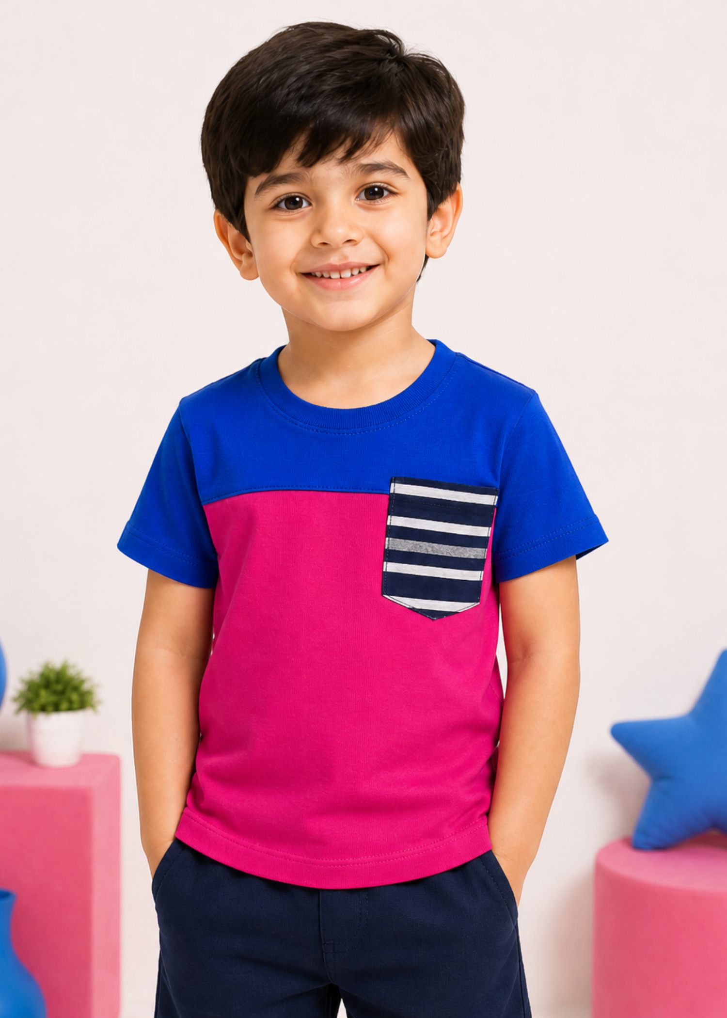 single jersey knit T Shirt in Royal blue, lollipop pink