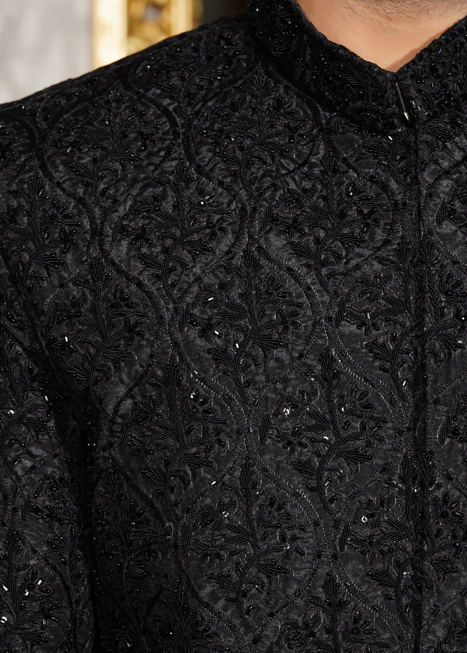 silk jamawar Sherwani in Black