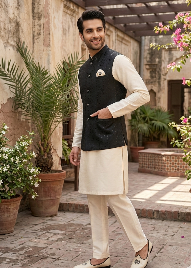 jamawar Waistcoat in Black by Dulha Fashion House