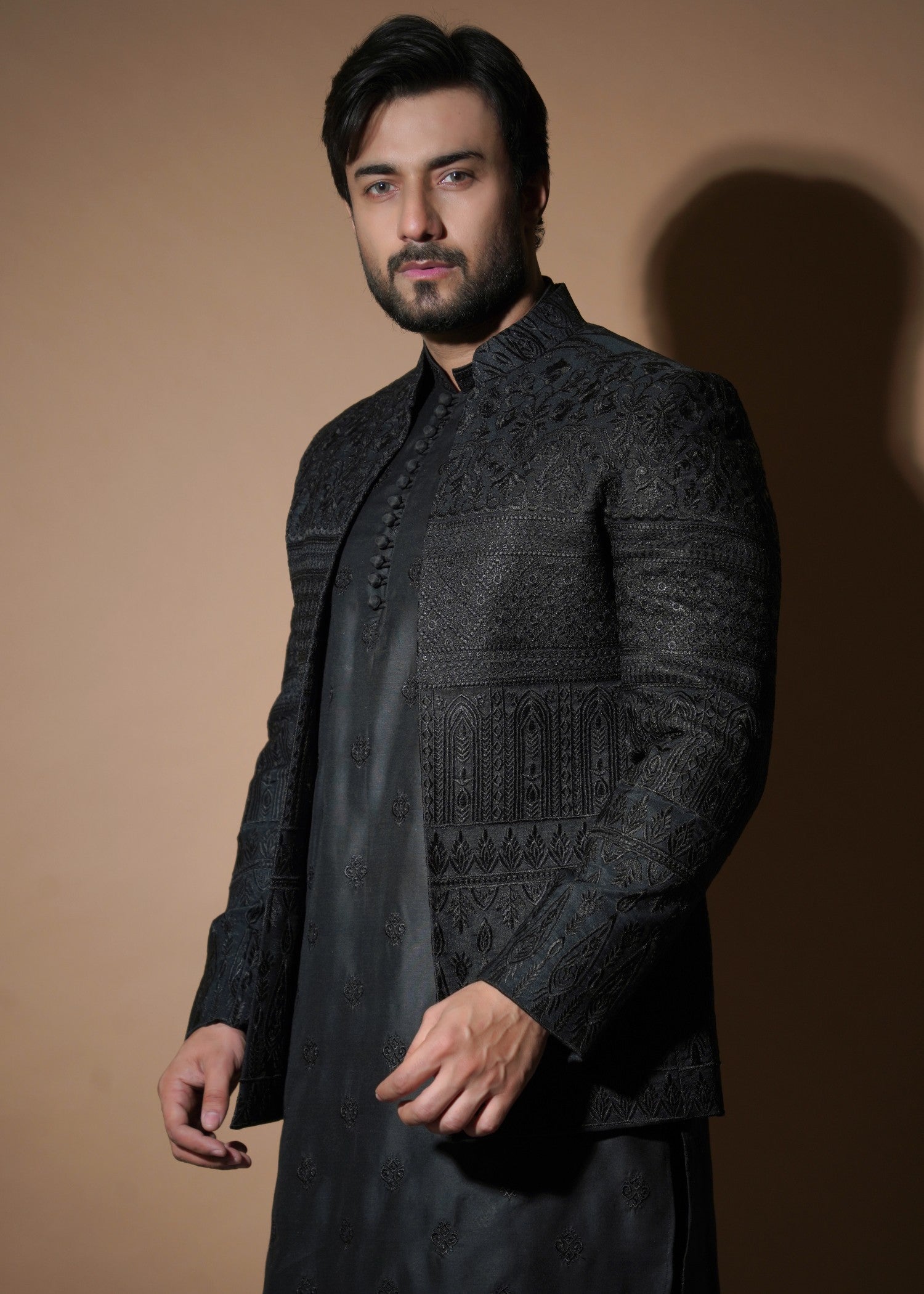 viscose raw silk Prince Coat in Black