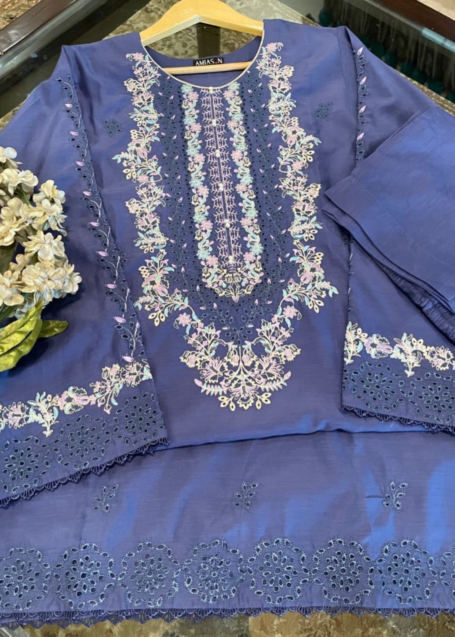 viscose raw silk Kurta Set in Slate blue