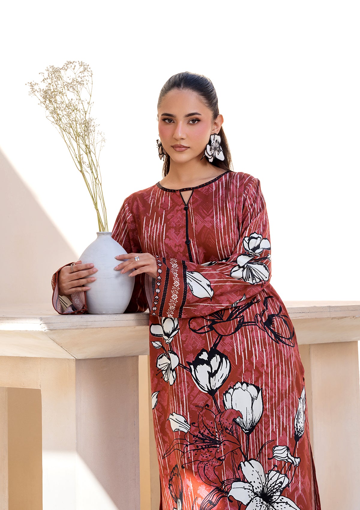 lawn Kurta Set in Rust red