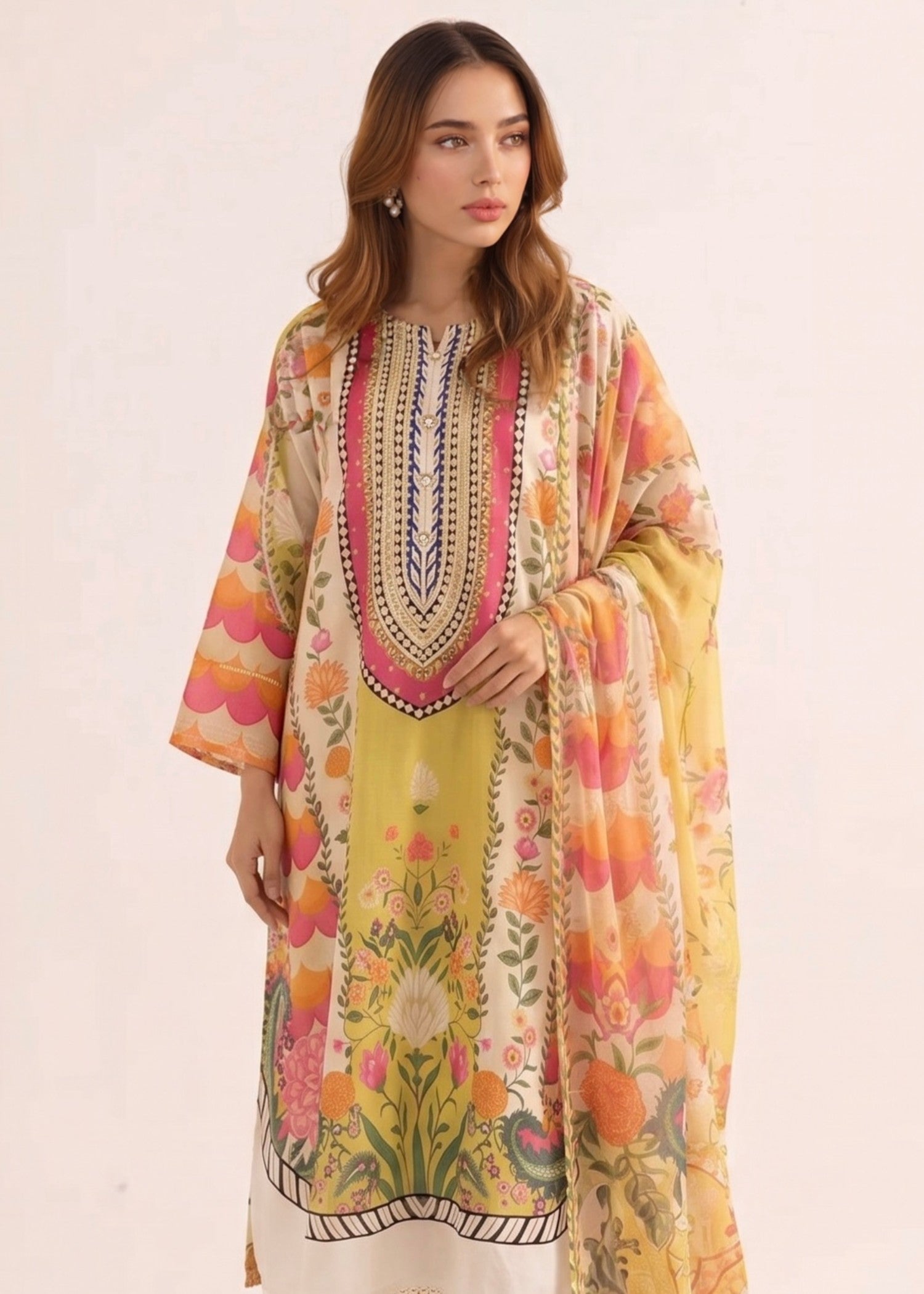 poly lawn Kurta Set in Yellow, multi, hot pink