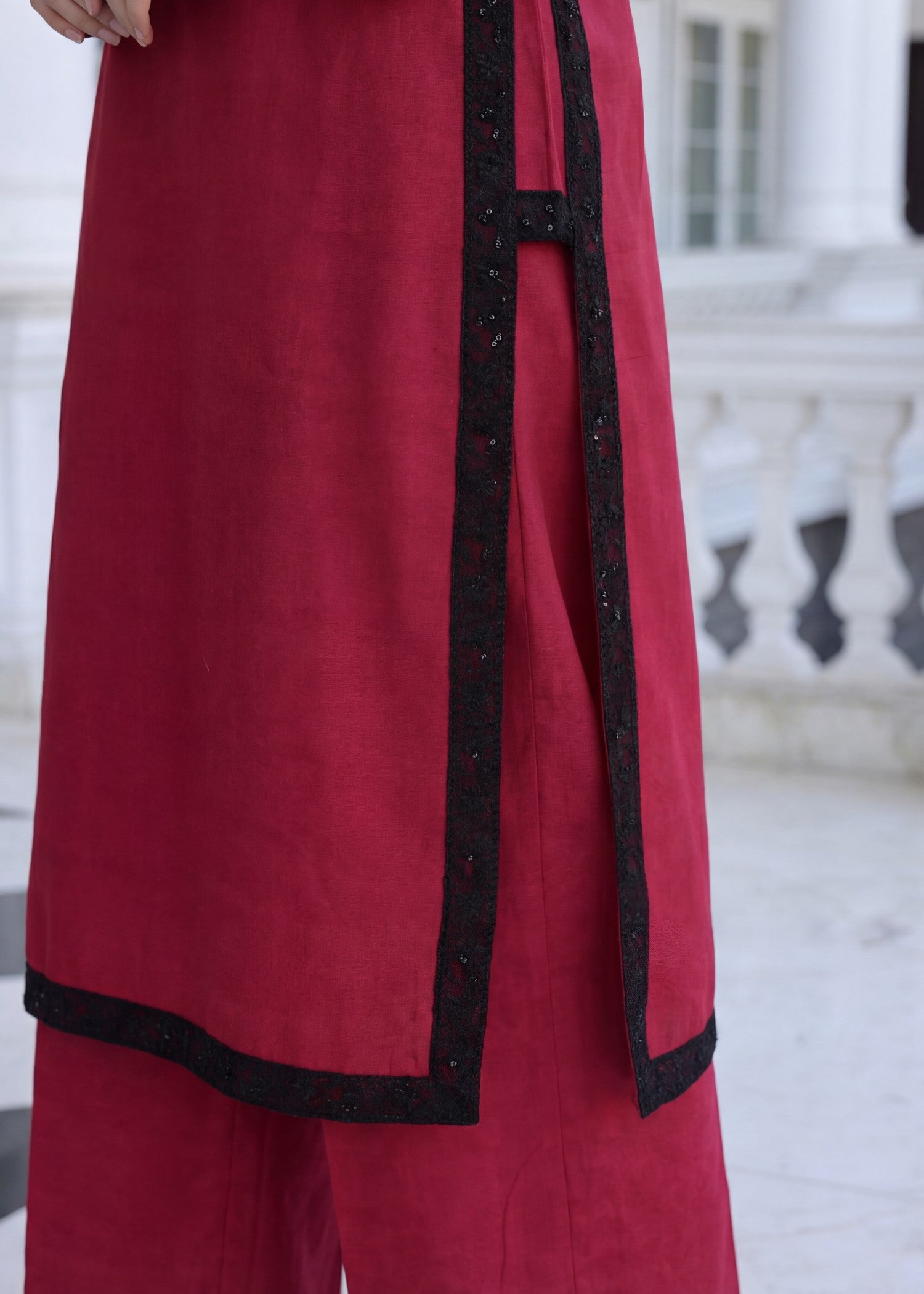 textured lawn Kurta Set in Cardinal red