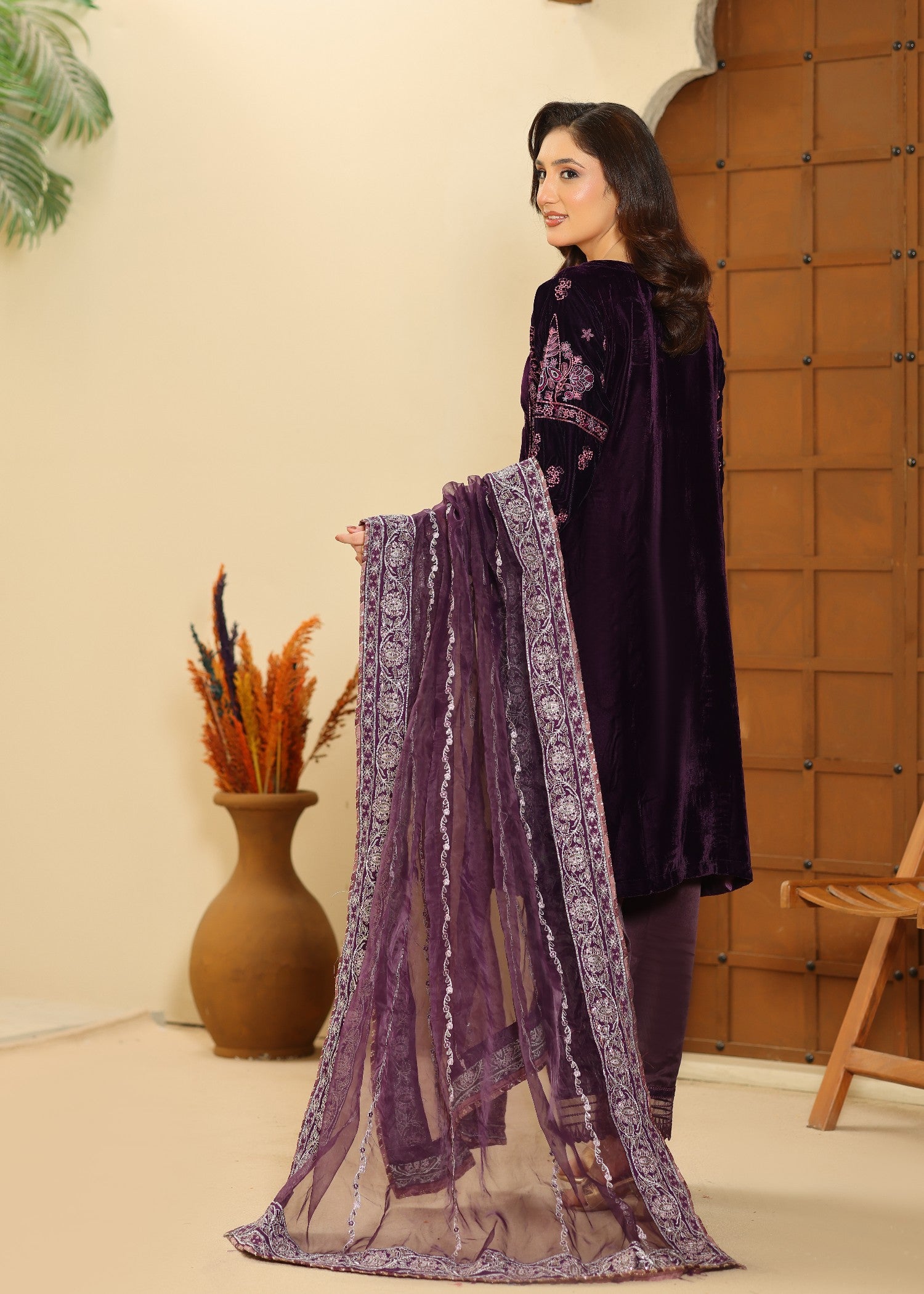 velvet Kurta Set in Purple
