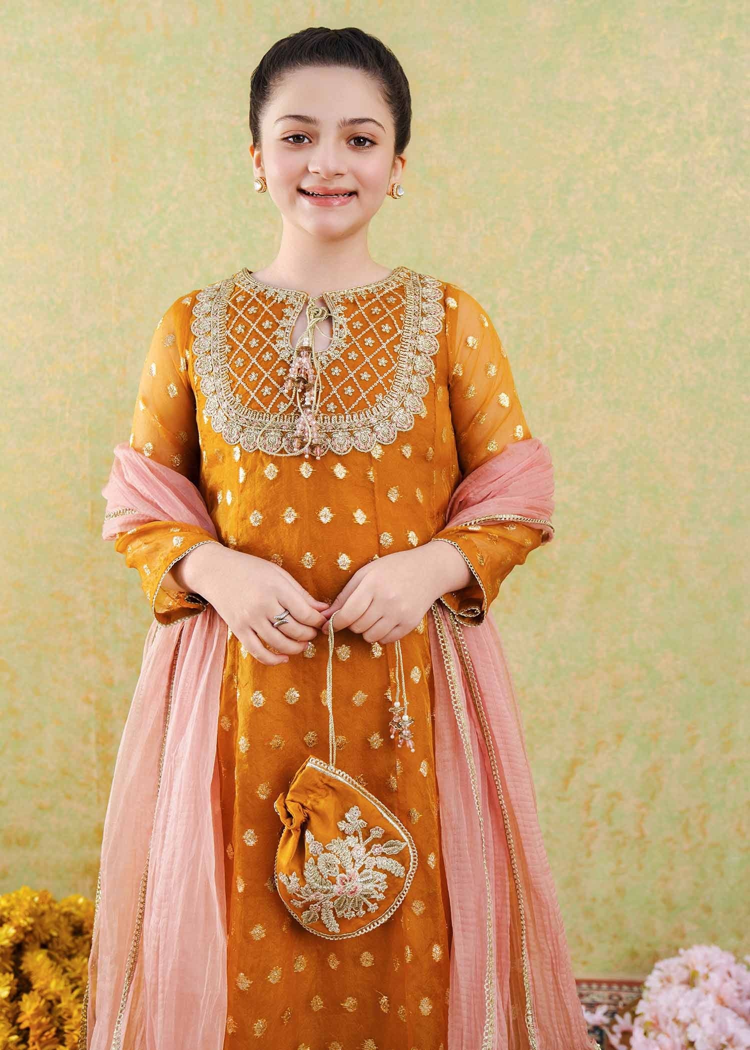 zari organza Pishwas in Mustard