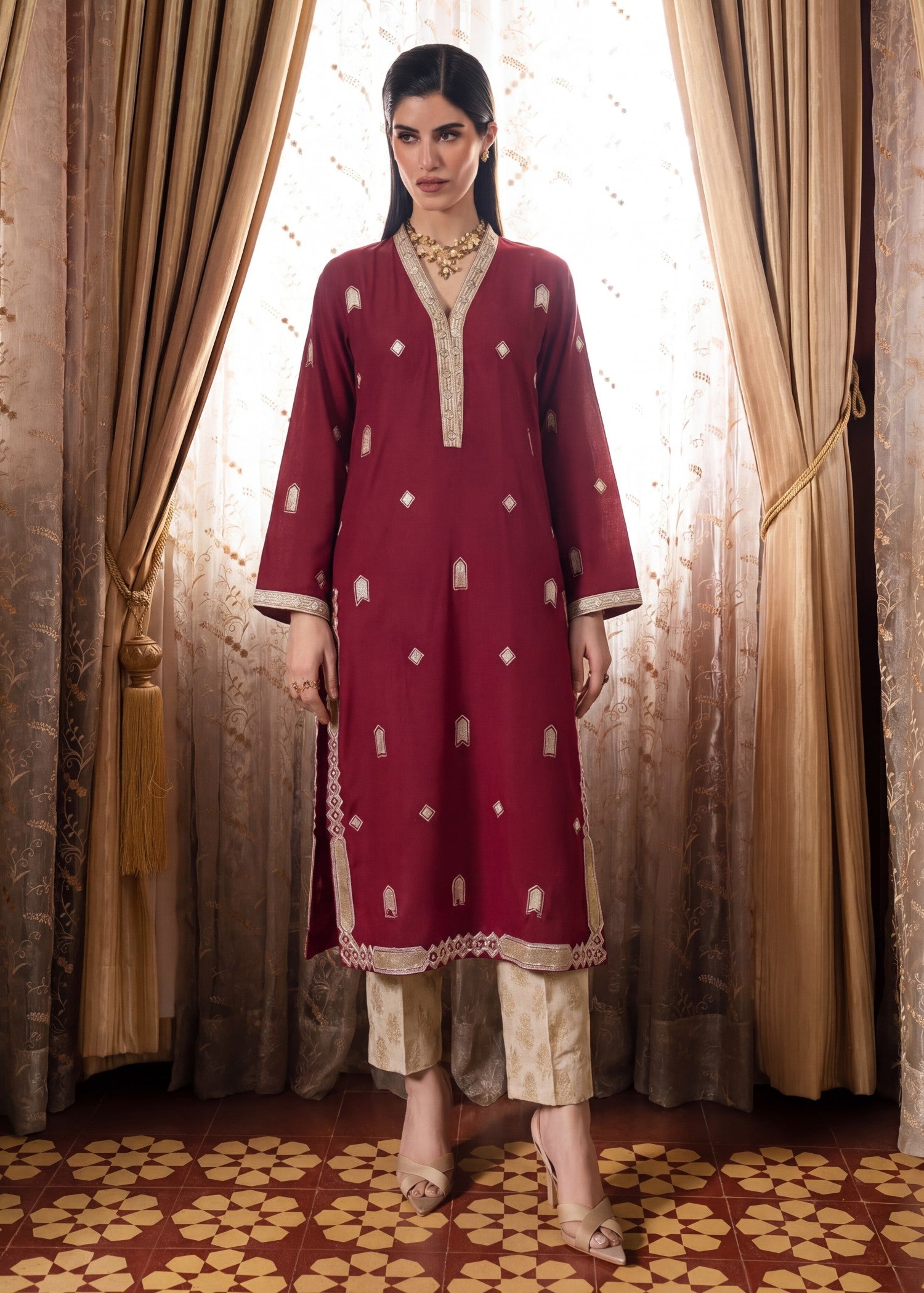 khaddar Kurta Set in Imperial red