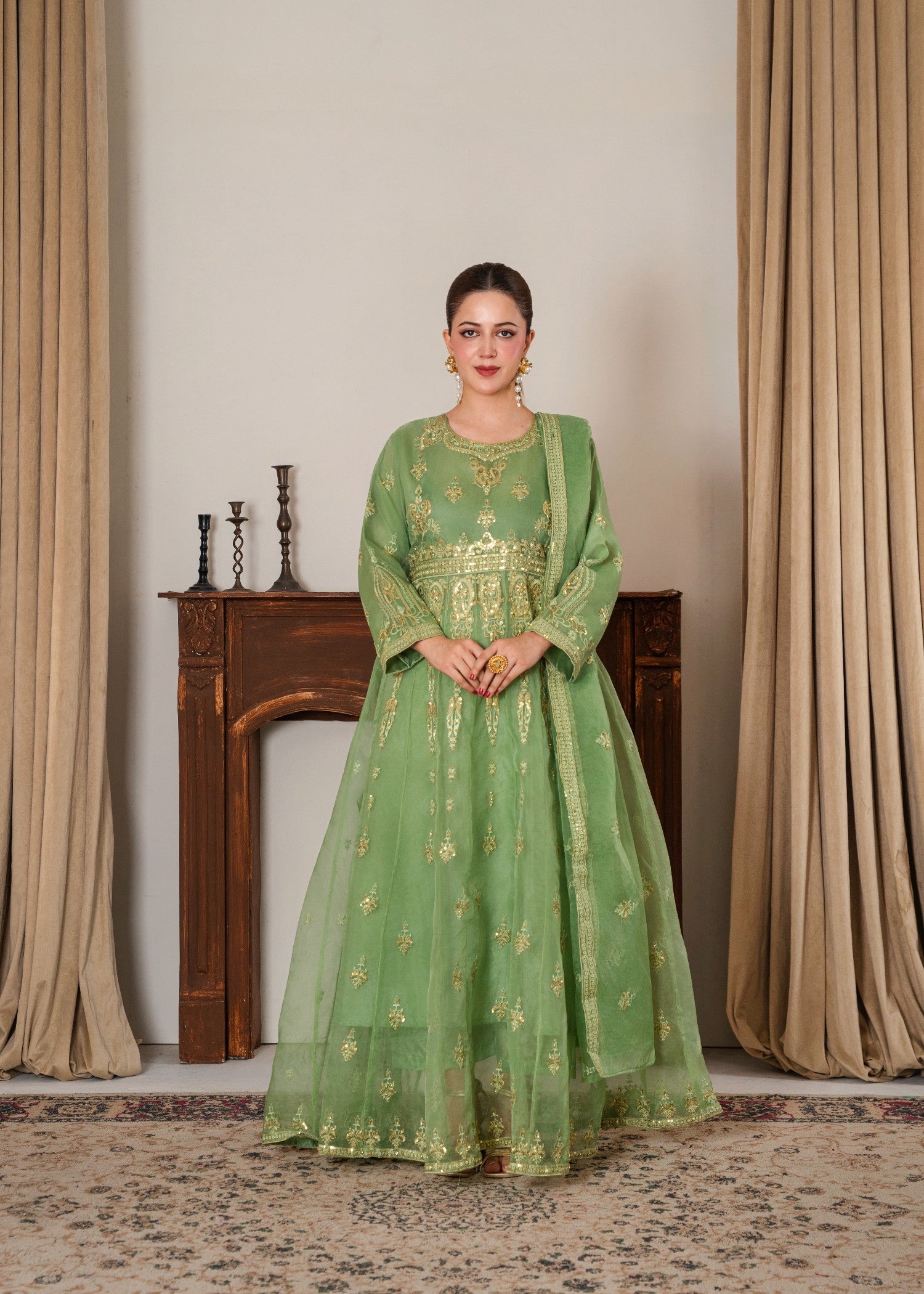 organza Pishwas in Key lime