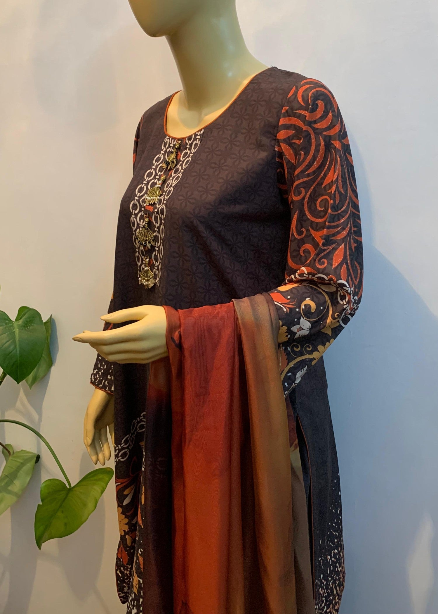 silk finish lawn Unstitched in Dark brown, mustard, peanut