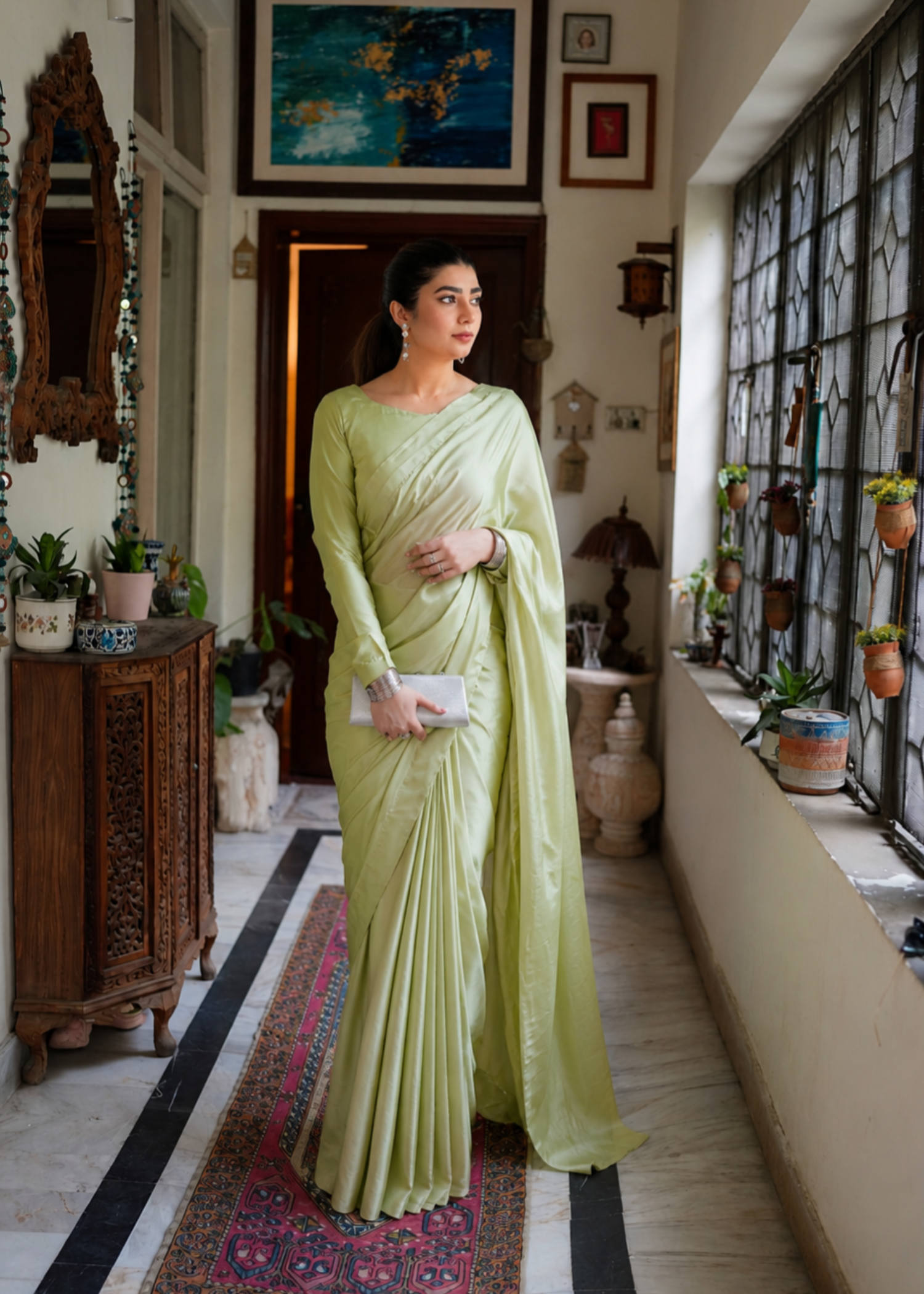 silk Saree in Pistachio green