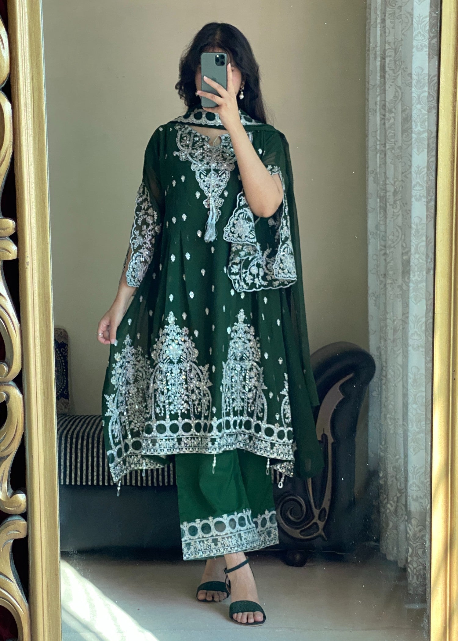 chiffon Short Frock in Bottle green