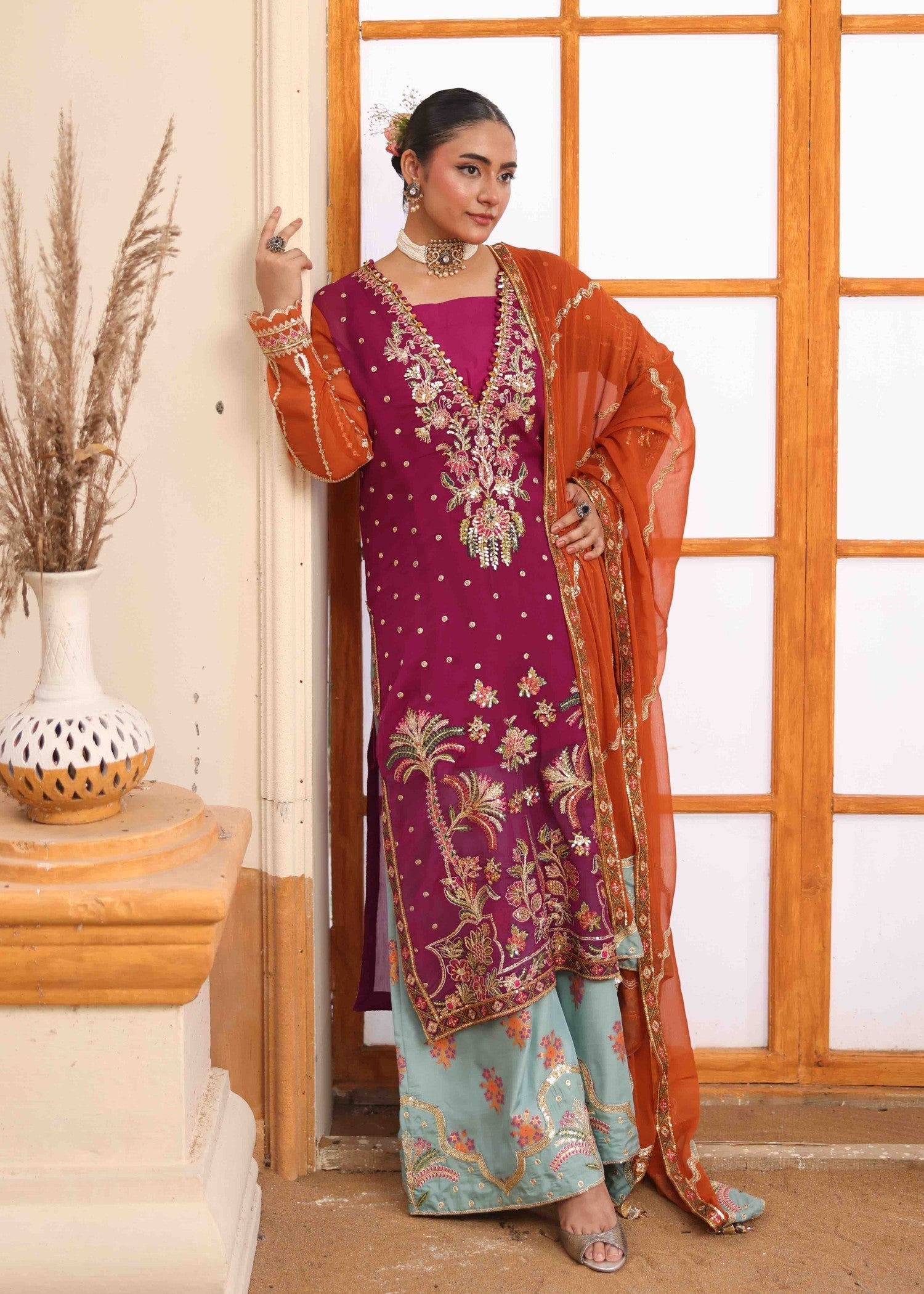 crinkle chiffon Kurta Set in Multi