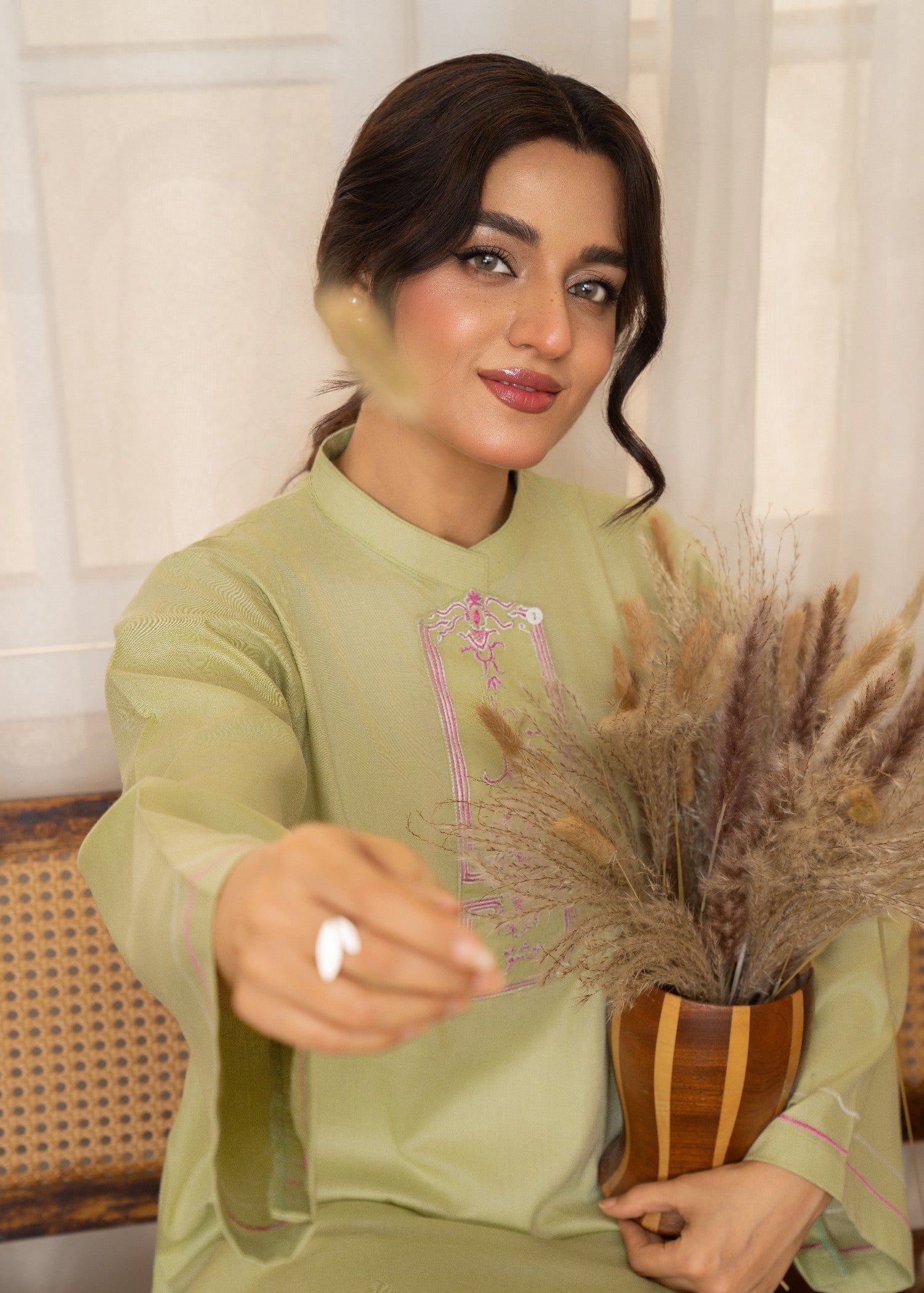 slub cambric Kurta Set in Mint green