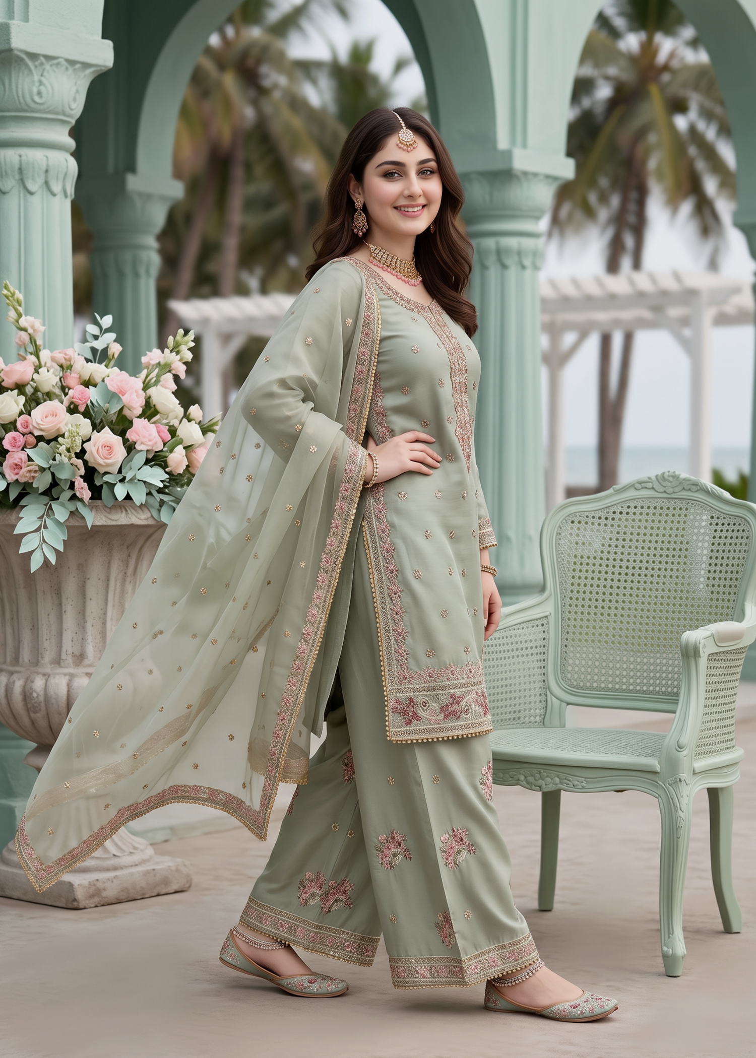 kattan silk Kurta Set in Tea green