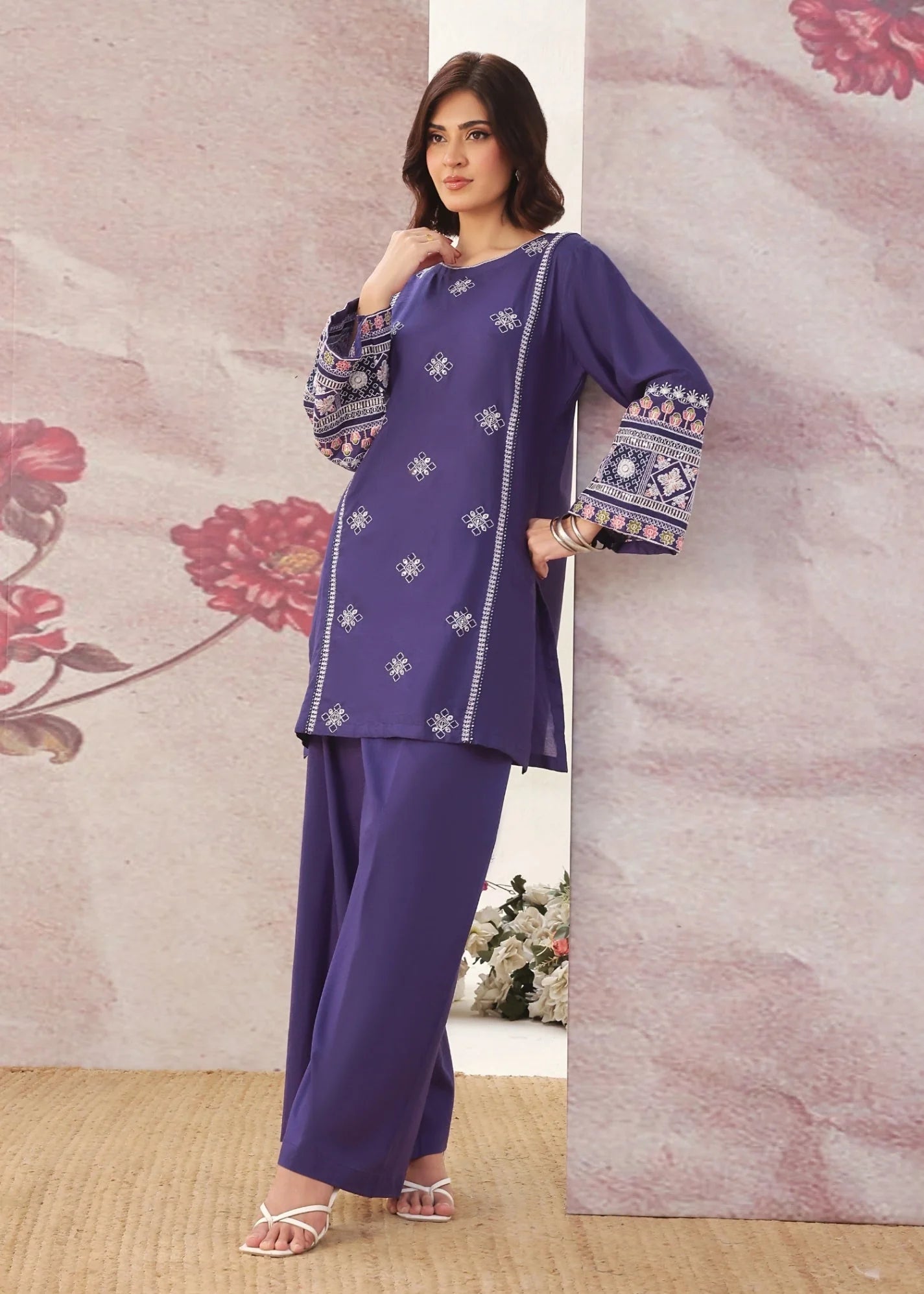 lawn cotton Kurta Set in Purple heart