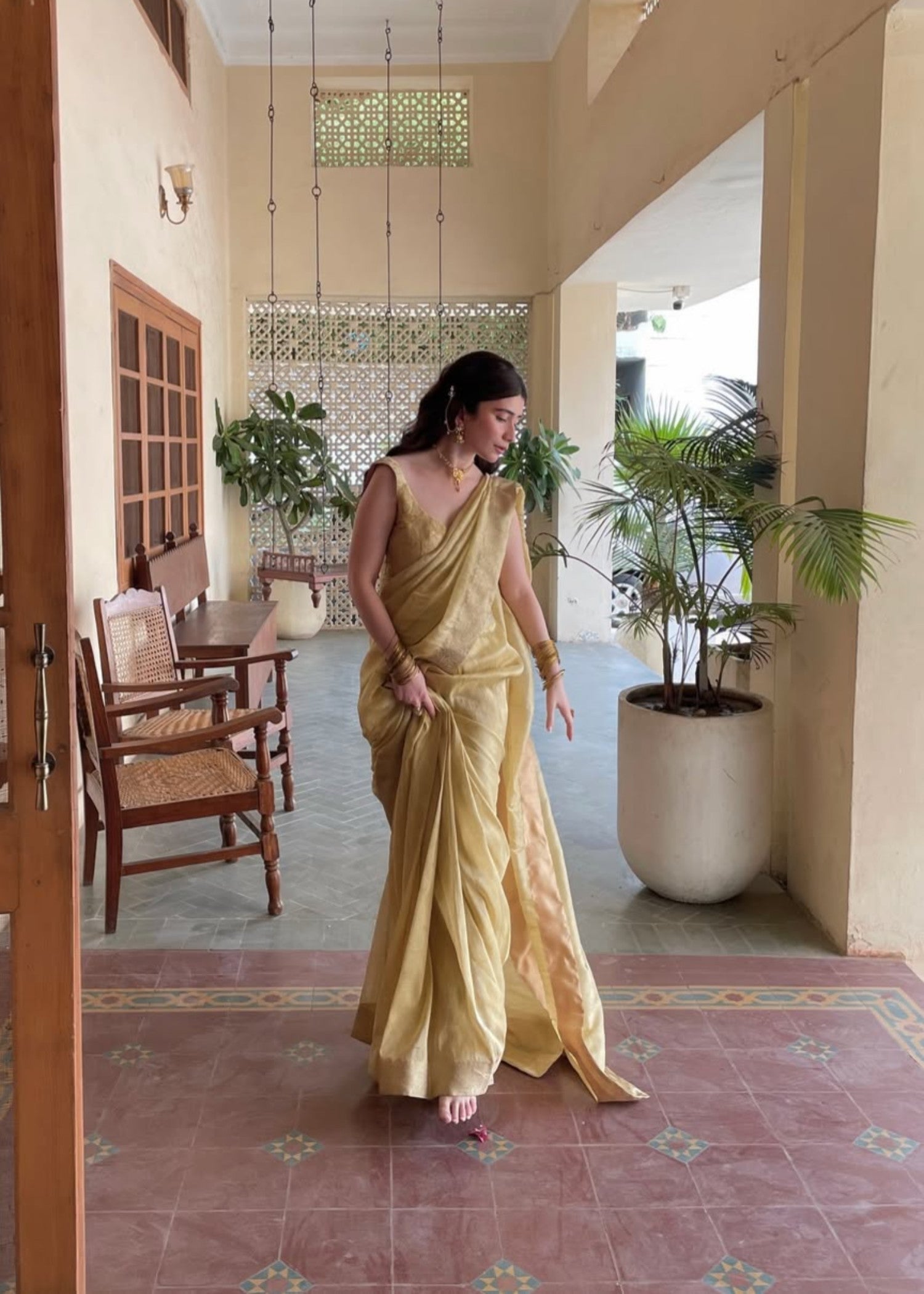 tissue silk Saree in Butter
