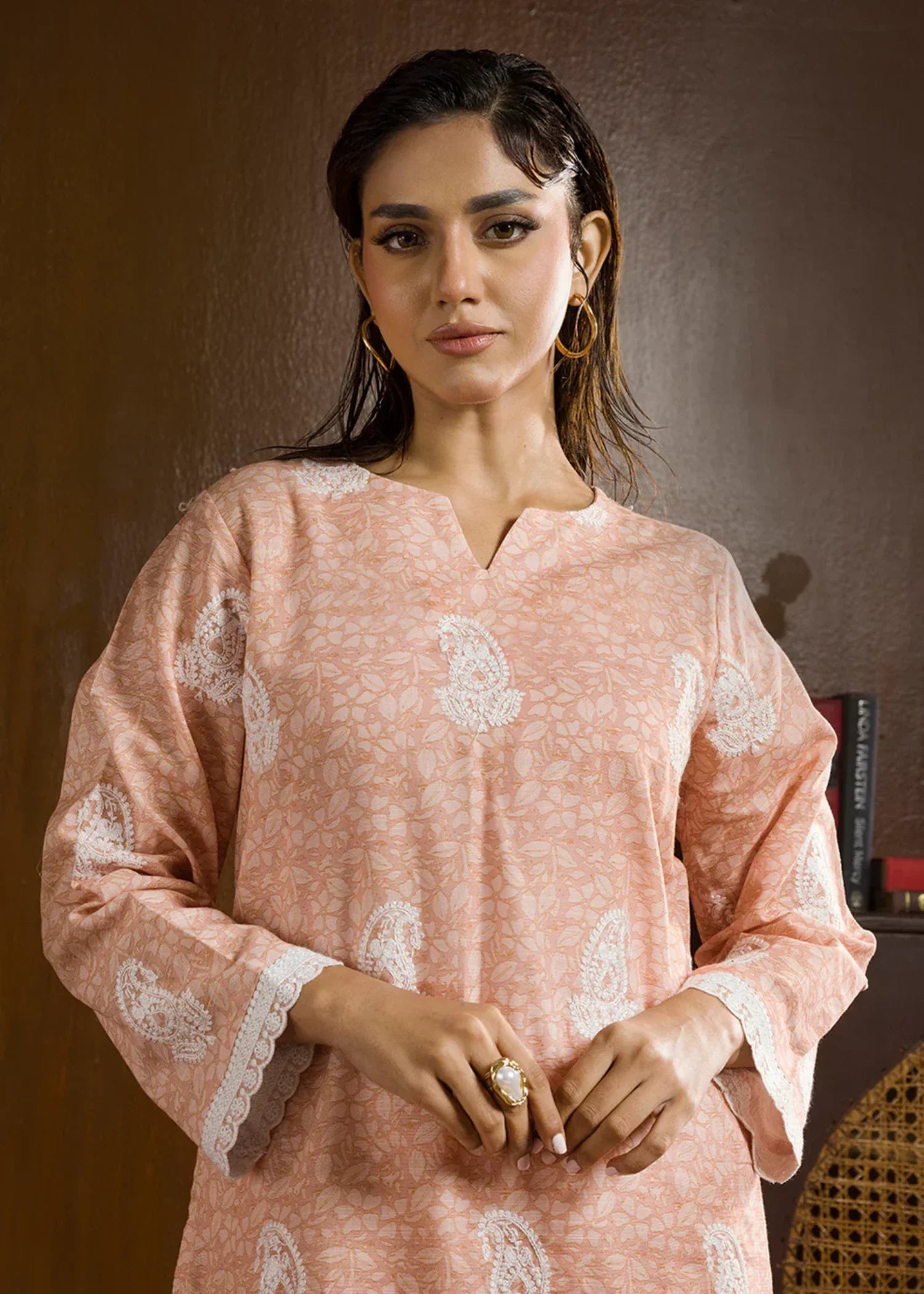 khaddar Kurta Set in Peach pink