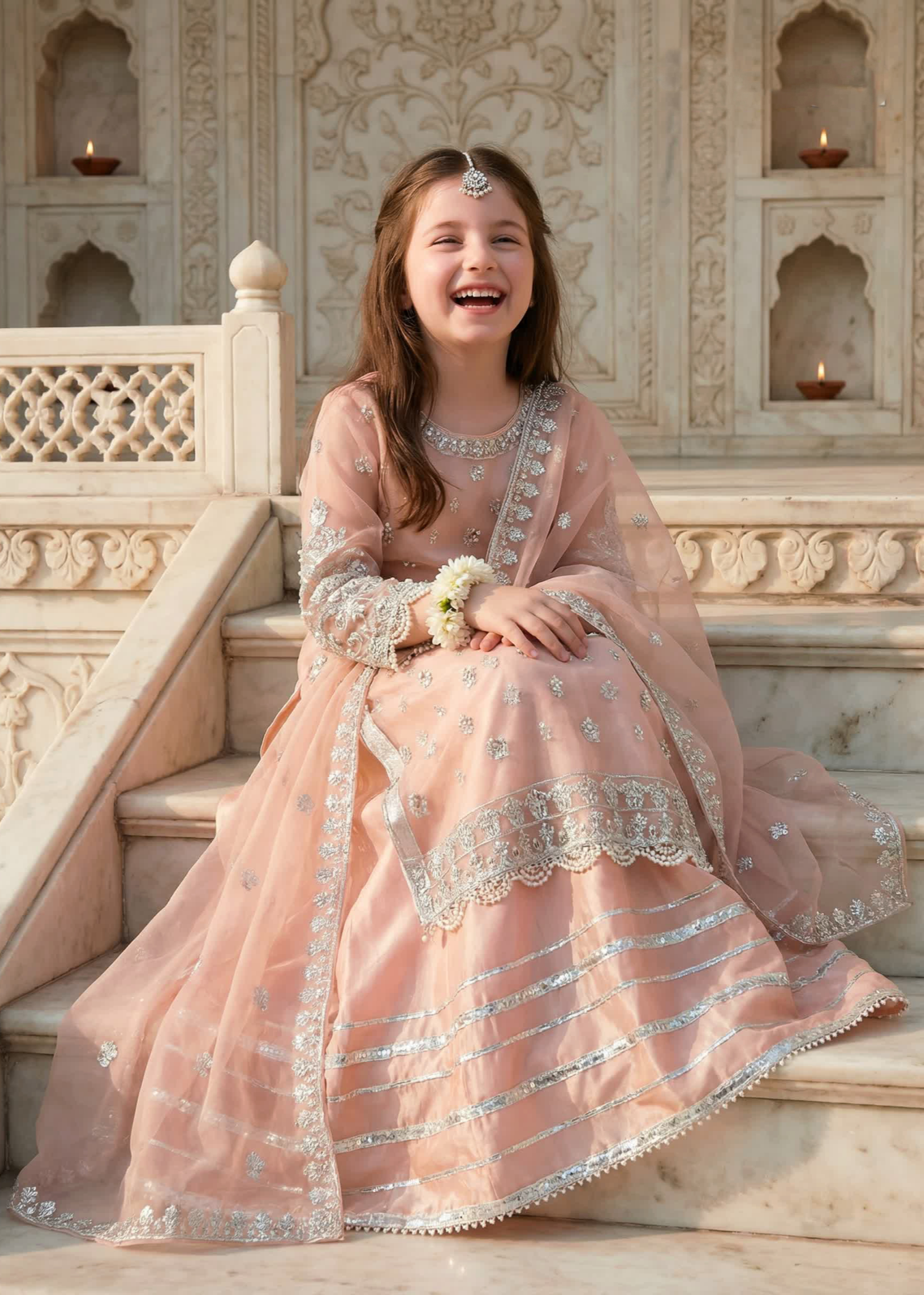 organza Lehenga in Peach pink