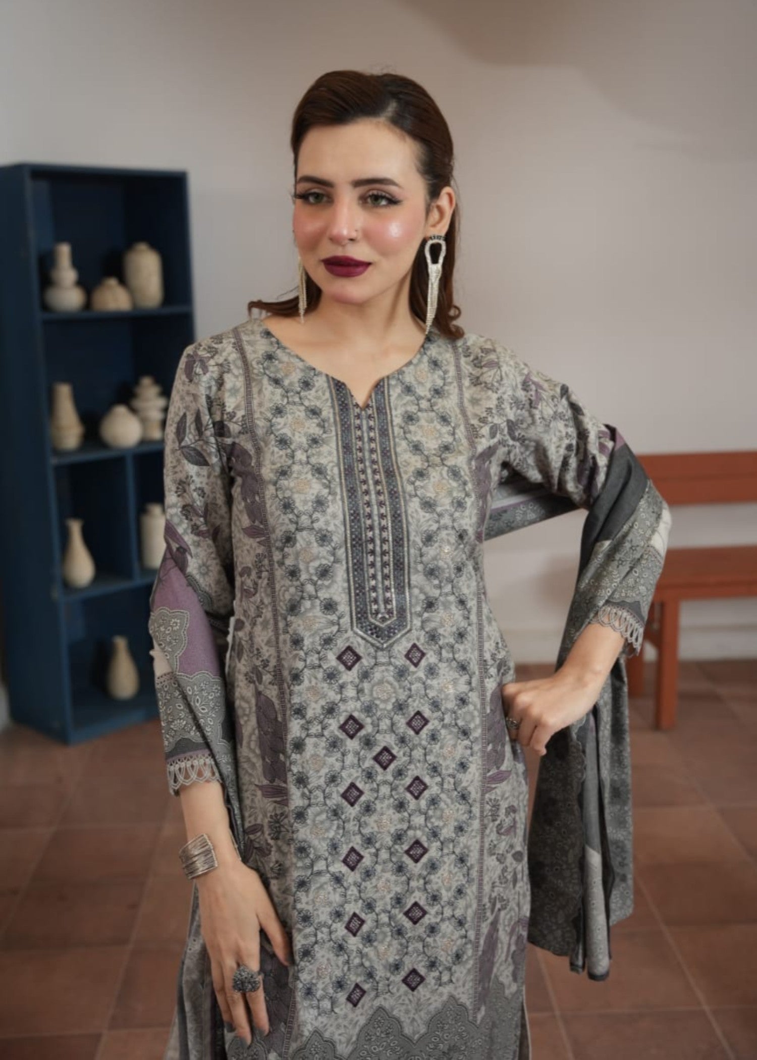 dhanak Kurta Set in Ash grey