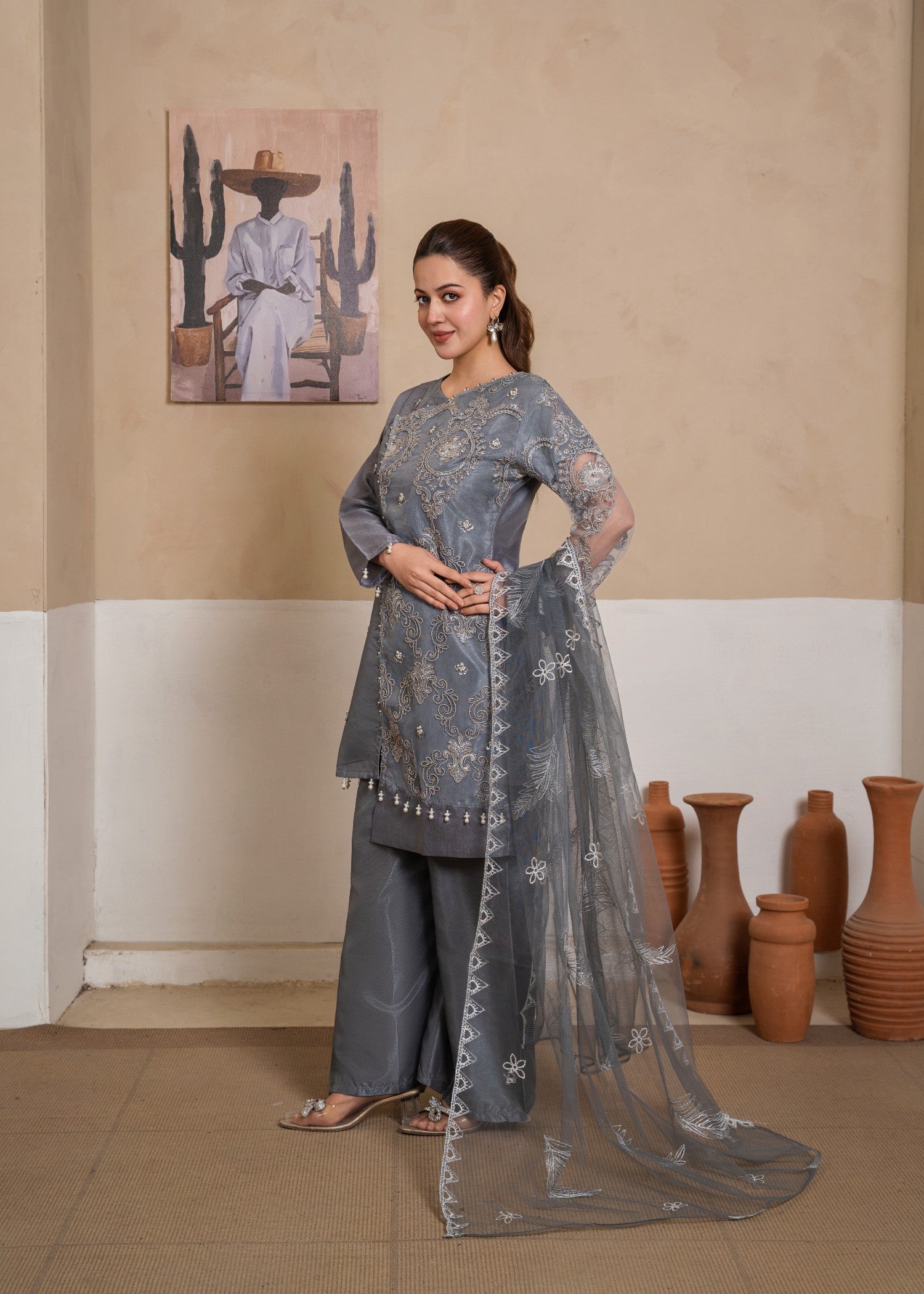 raw silk Short Frock in Slate grey