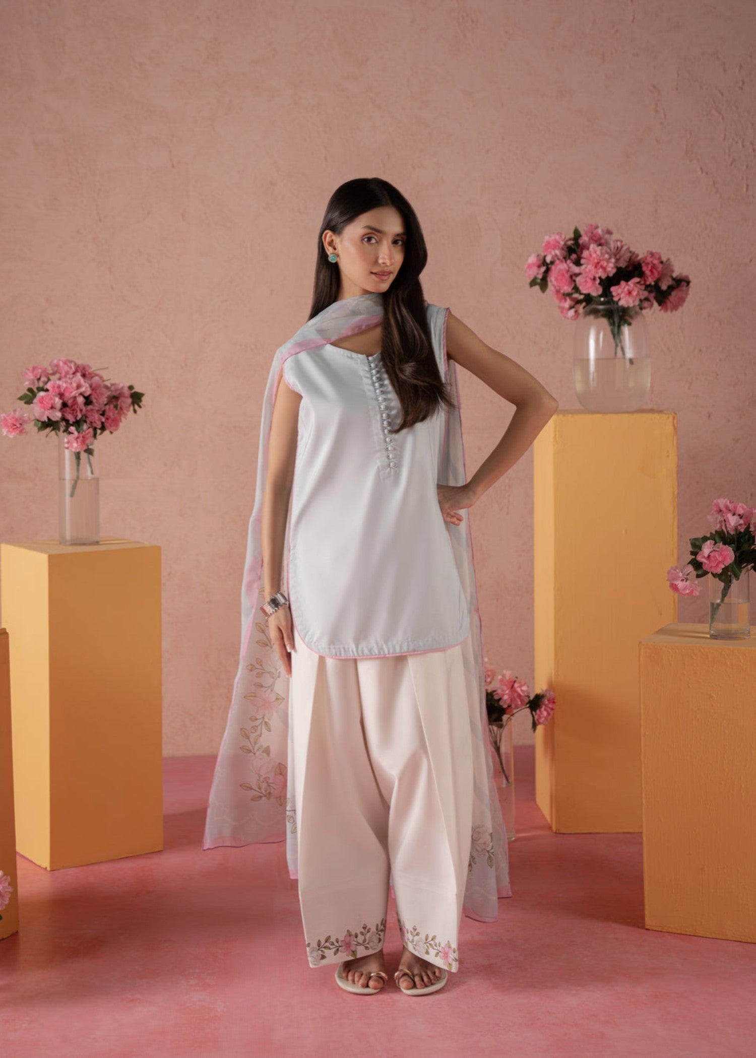 crepe Kurta Set in Ice blue