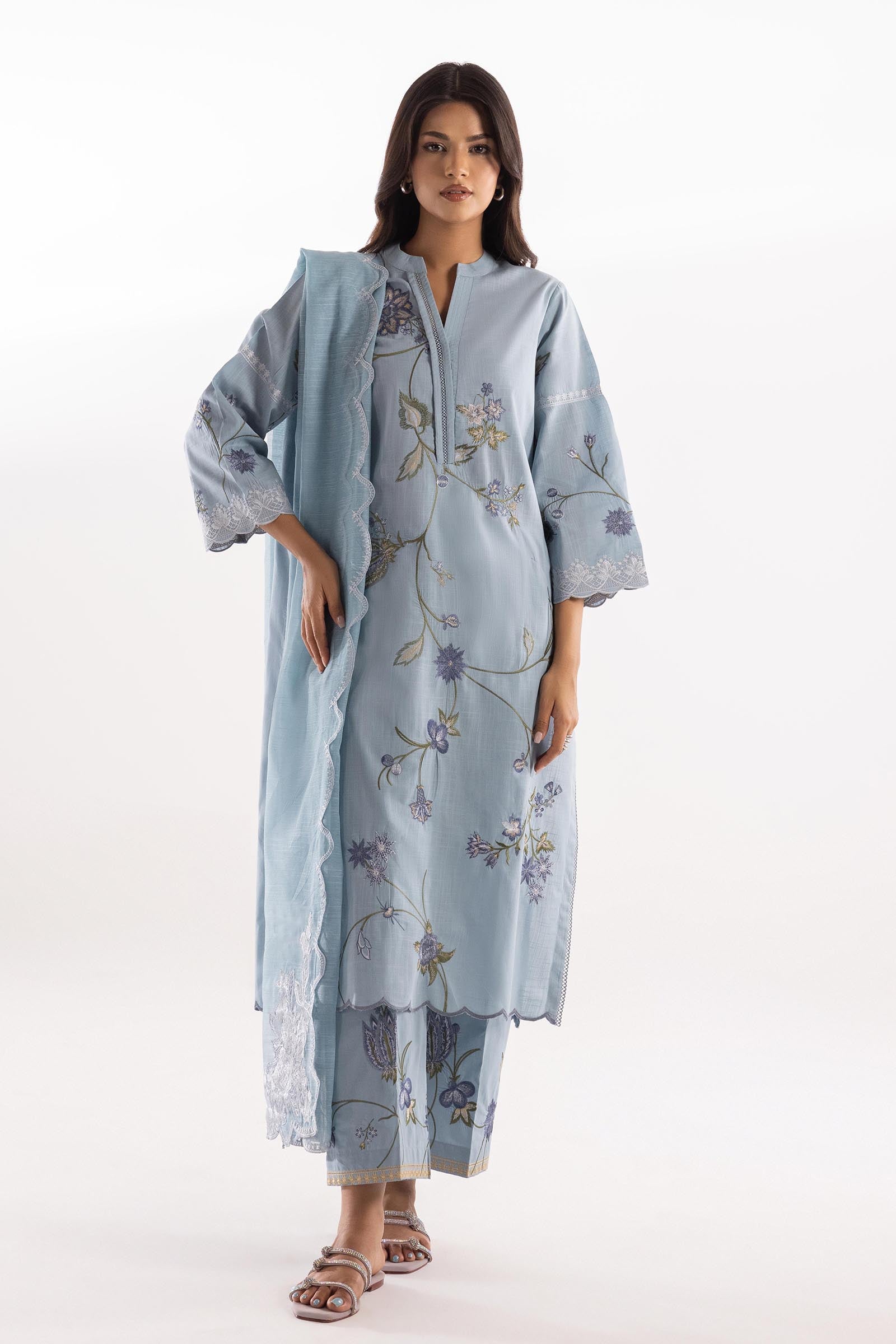 slub lawn Kurta Set in Light blue