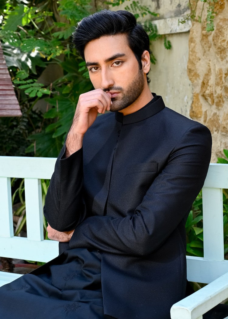 banarasi brocade Prince Coat in Black by HK Fashion