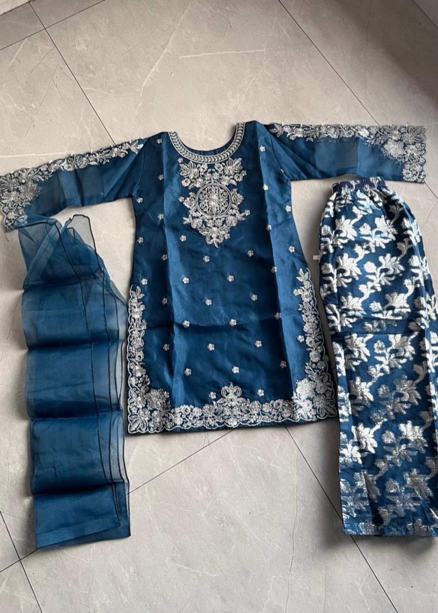 organza Kurta Set in Bondi blue