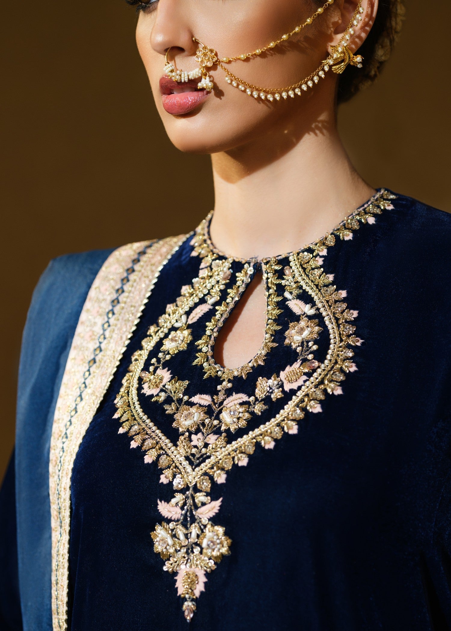 velvet Kurta Set in Navy blue