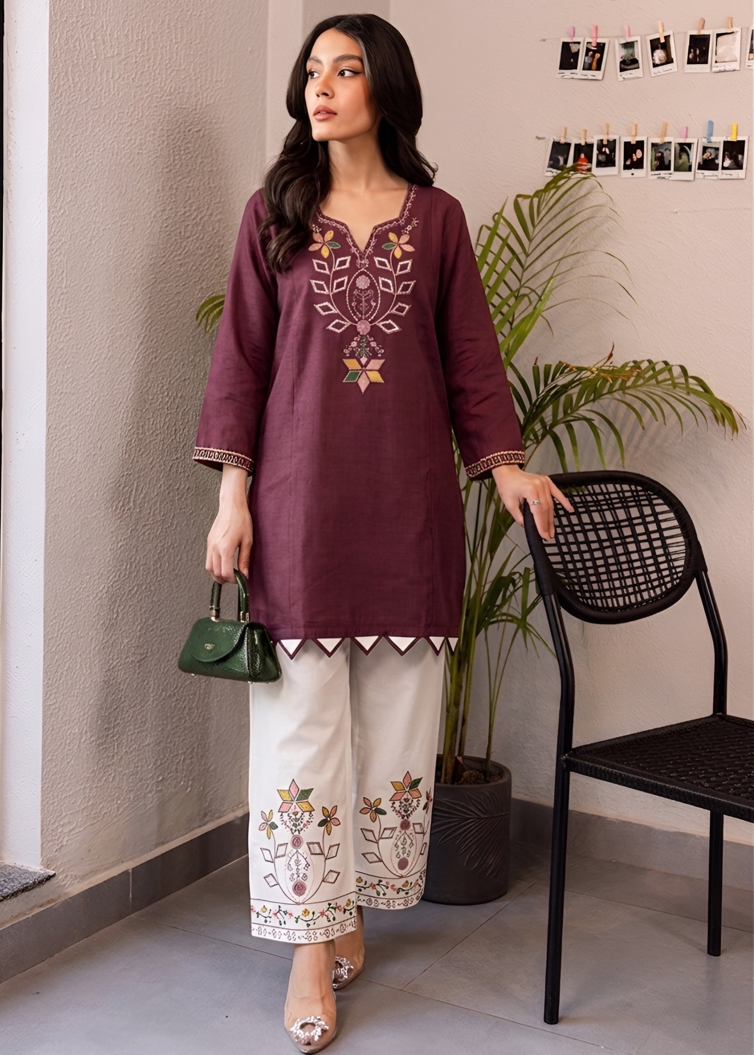 cambric Kurta Set in Plum