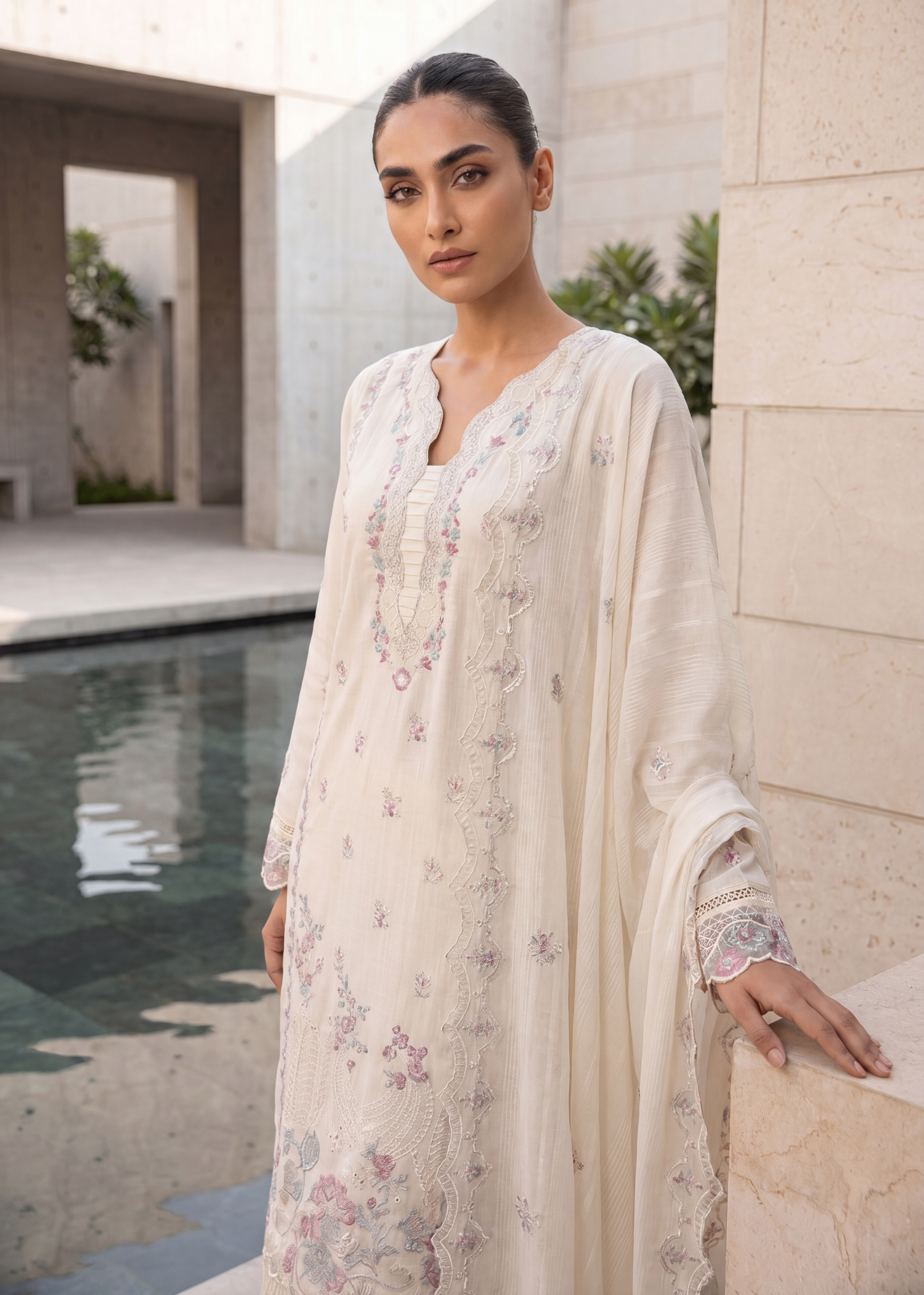 slub lawn Kurta Set in Ivory
