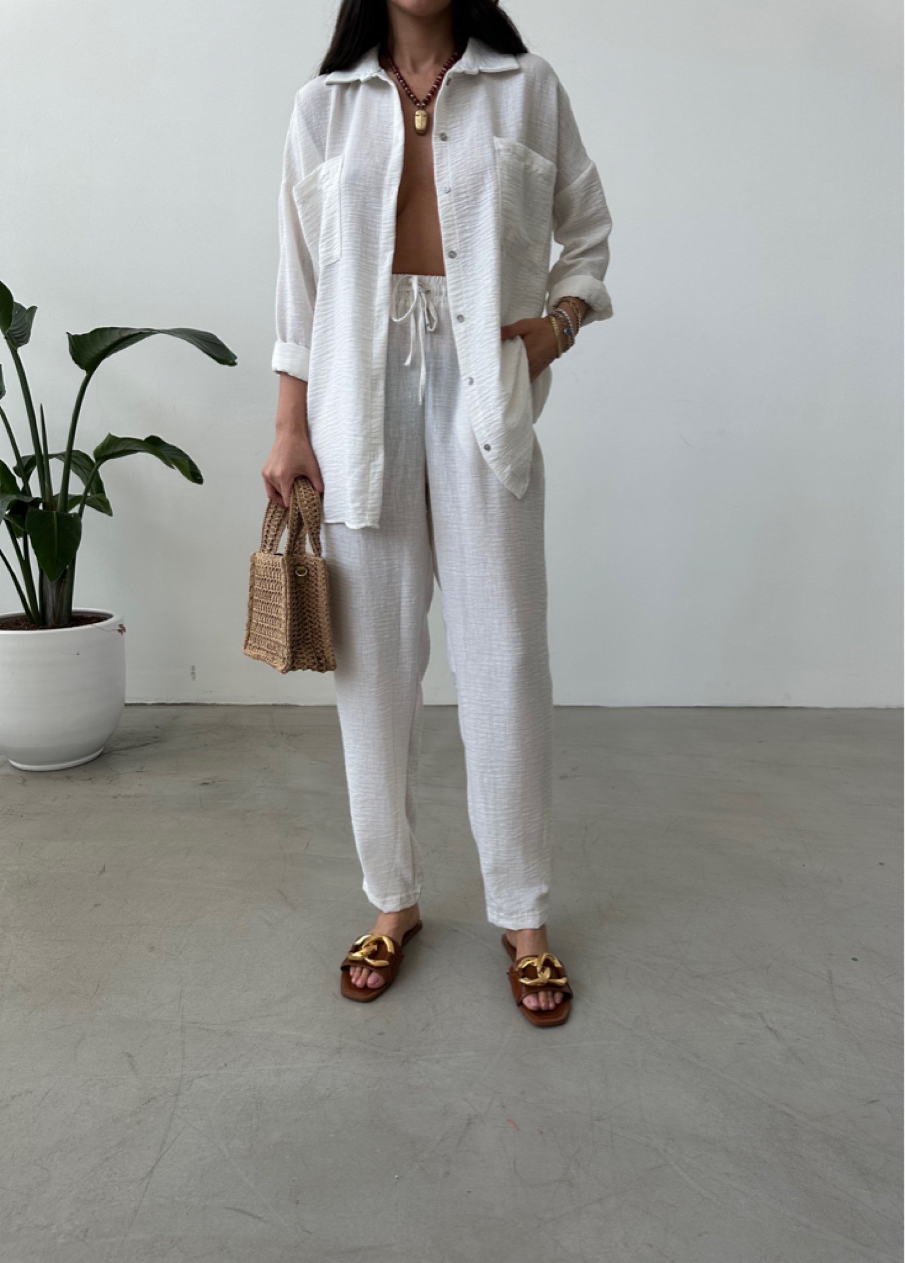 blended linen Co Ord Sets in Ghost white