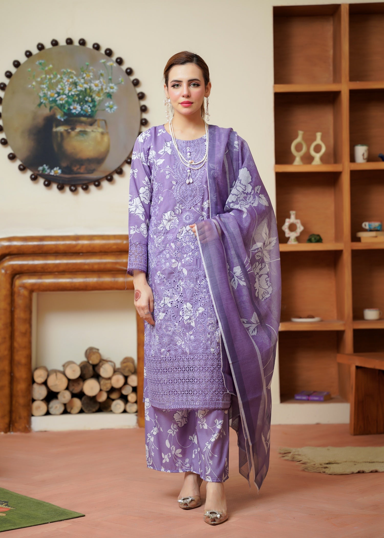 khaddi net Kurta Set in Lavender