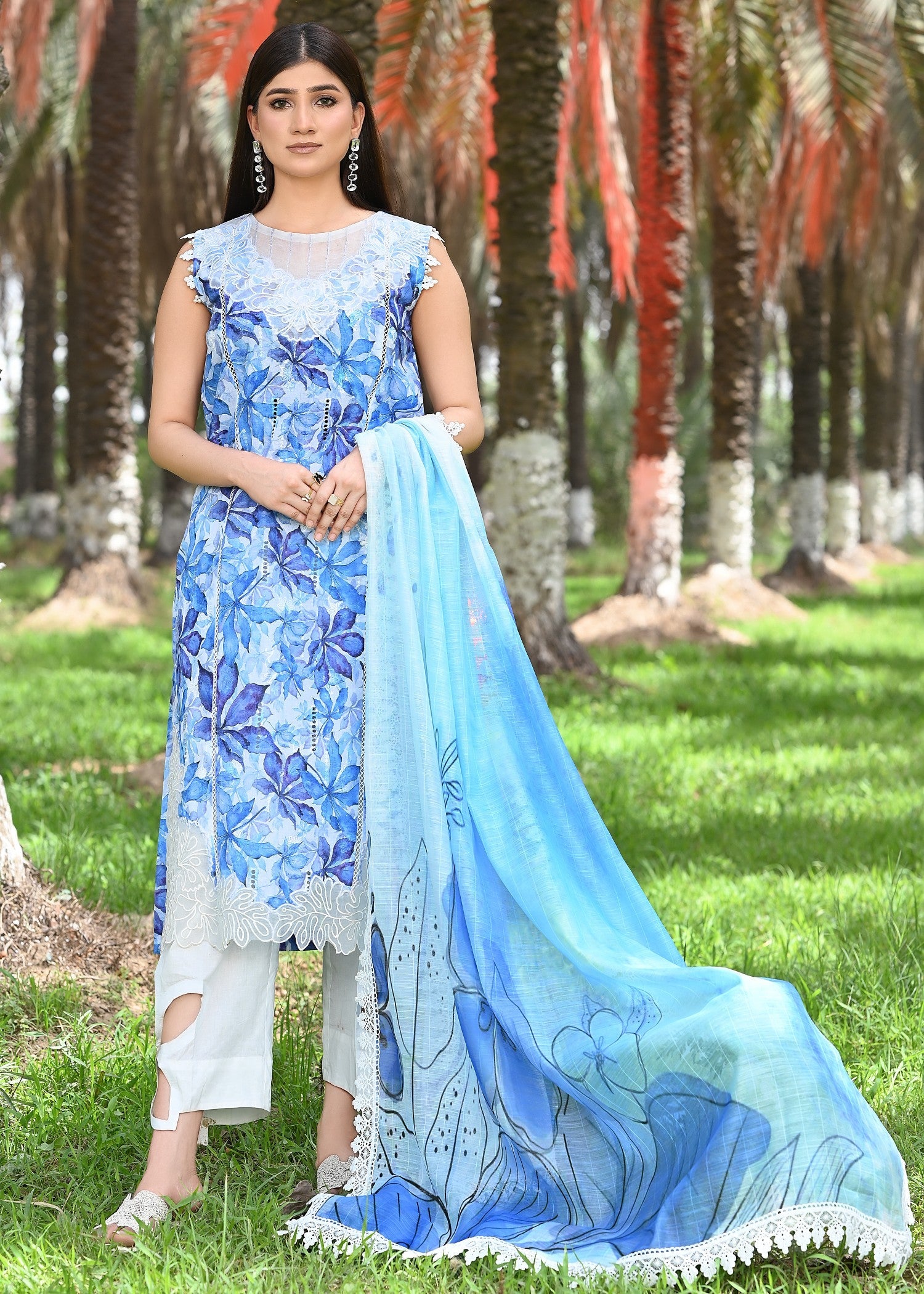 chikankari cotton Unstitched in Light blue