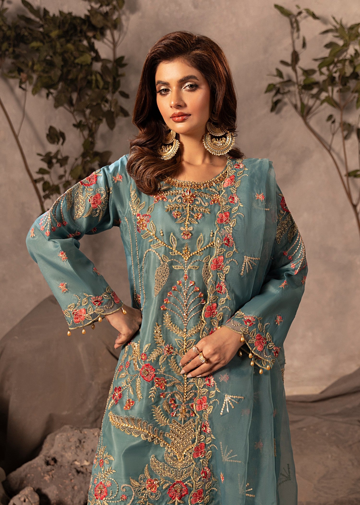 organza Gharara in Aquamarine