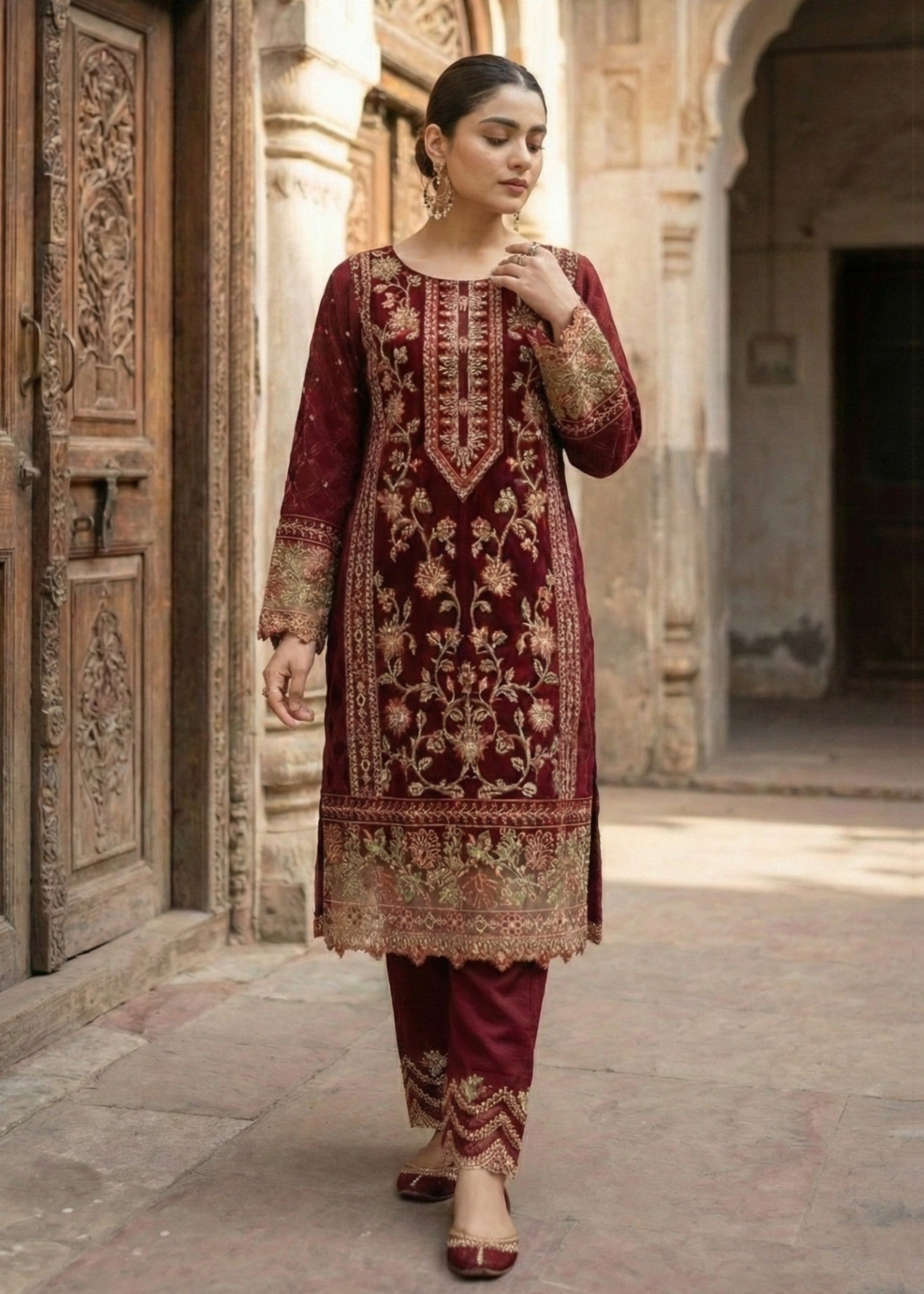 jacquard organza Kurta Set in Maroon