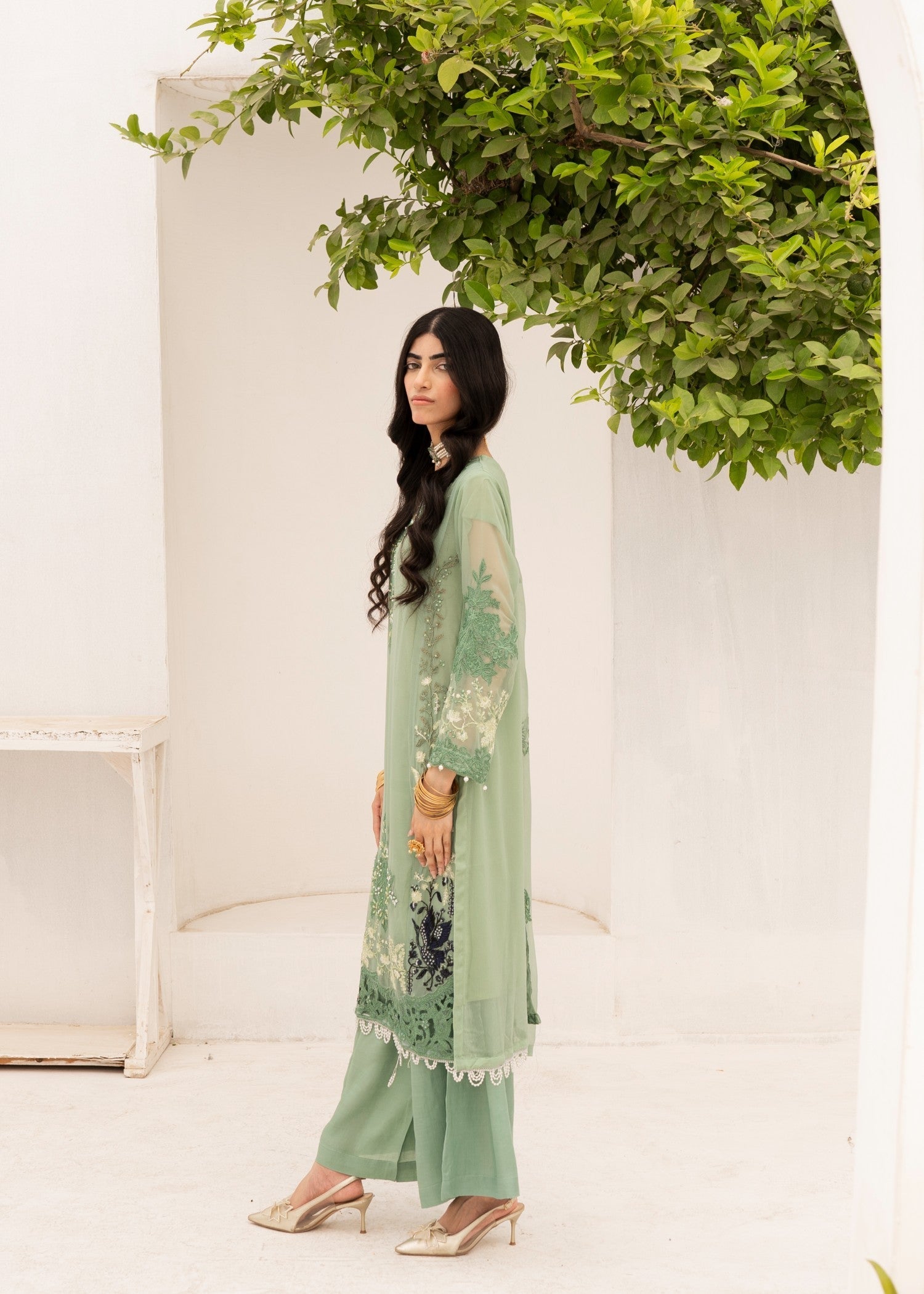 chiffon Kurta Set in Pistachio green