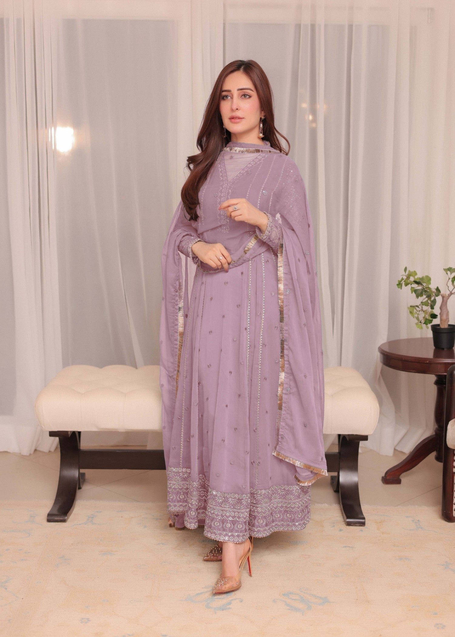 chiffon Anarkali in Mauve pink