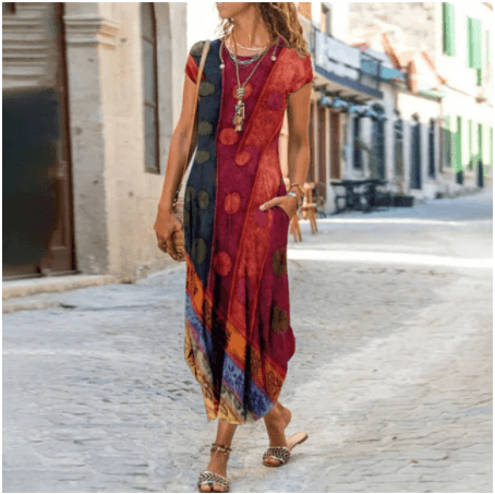 Women's Trendy Printed Short Sleeve Dress with Round Neck and Pocket