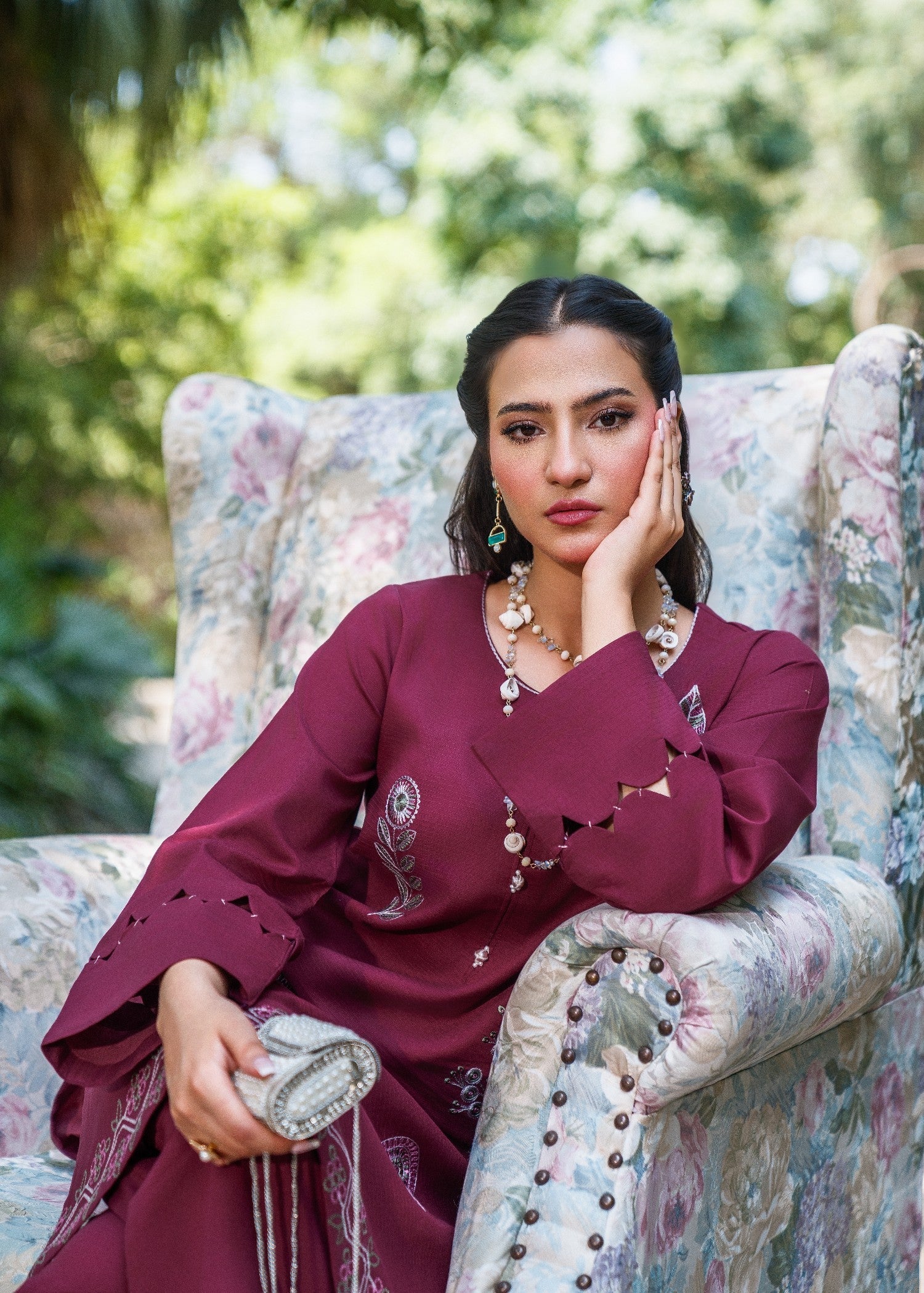 textured lawn Kurta Set in Wine