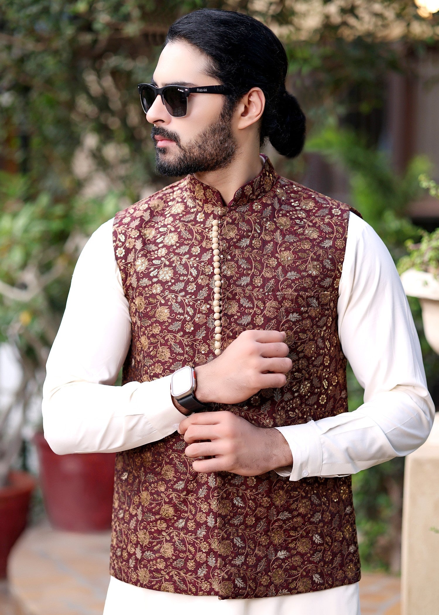 jamawar Waistcoat in Carmine