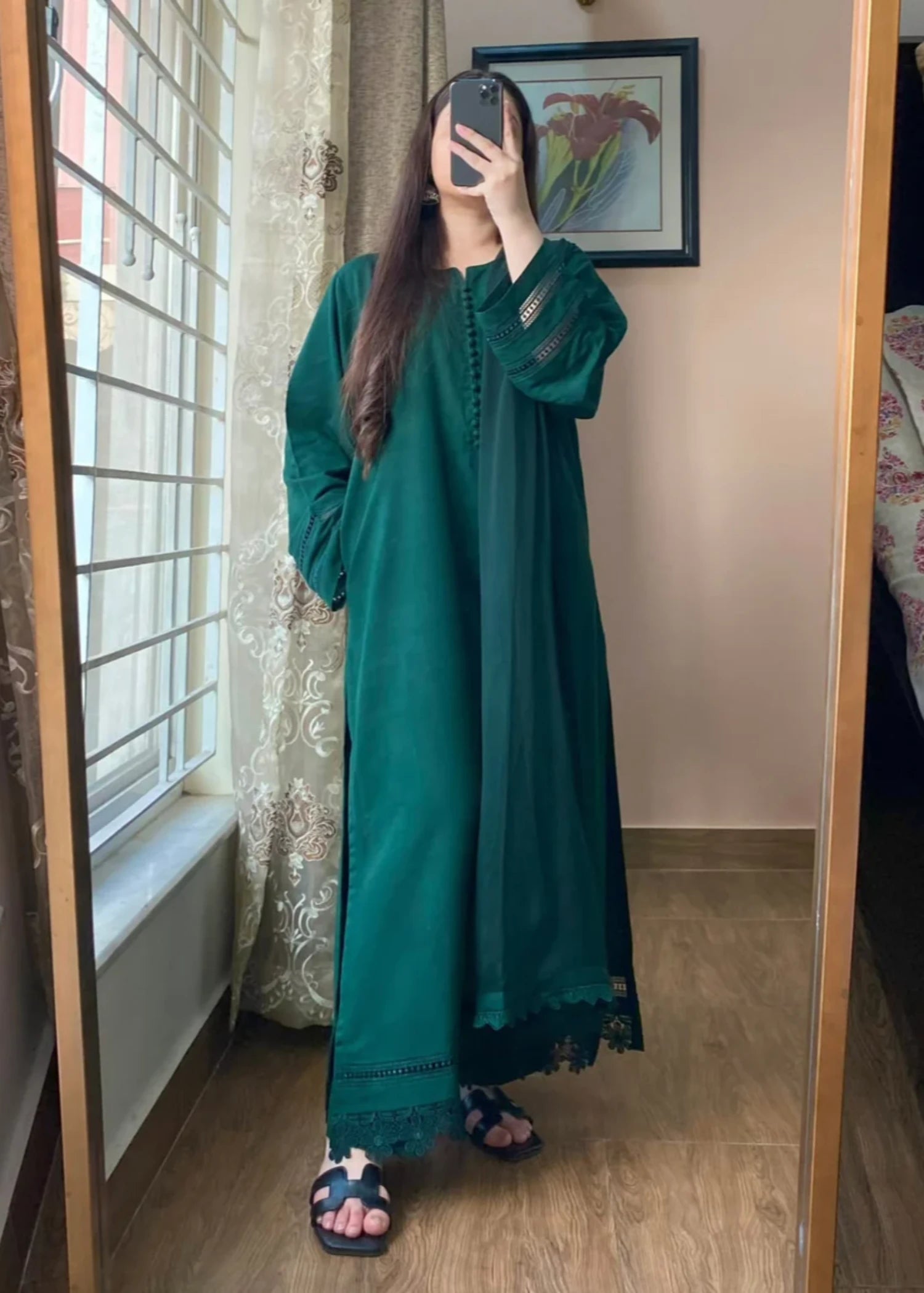 cotton Kurta Set in Bottle green