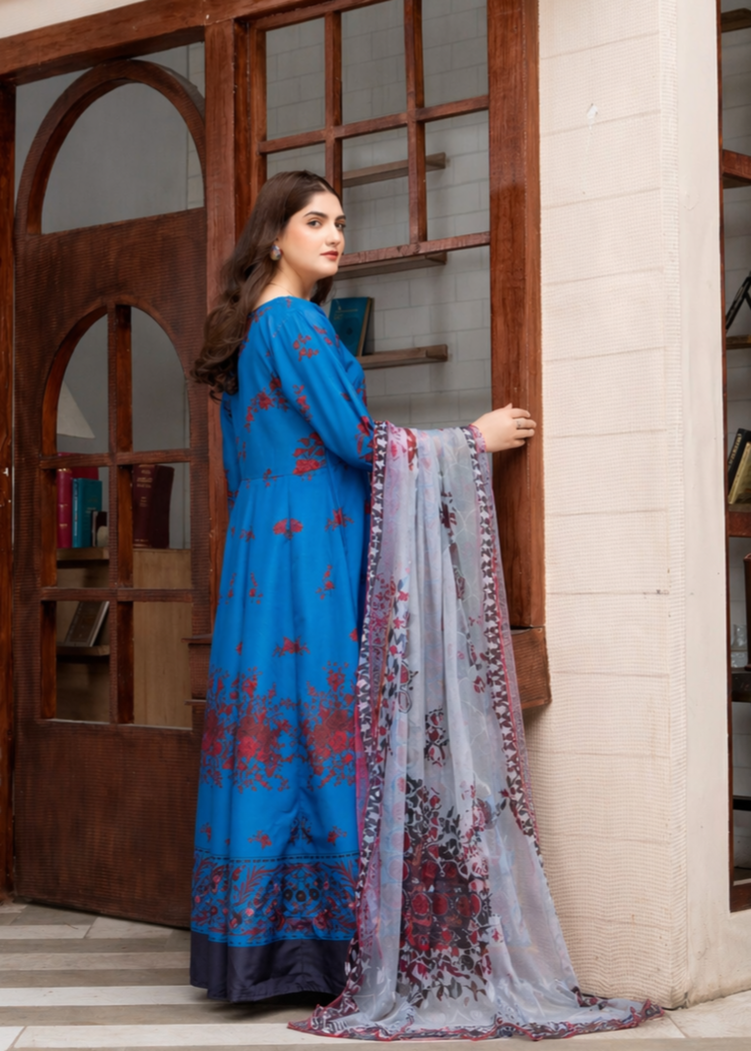 poly lawn Anarkali in Navy blue, pastel grey, burnt red