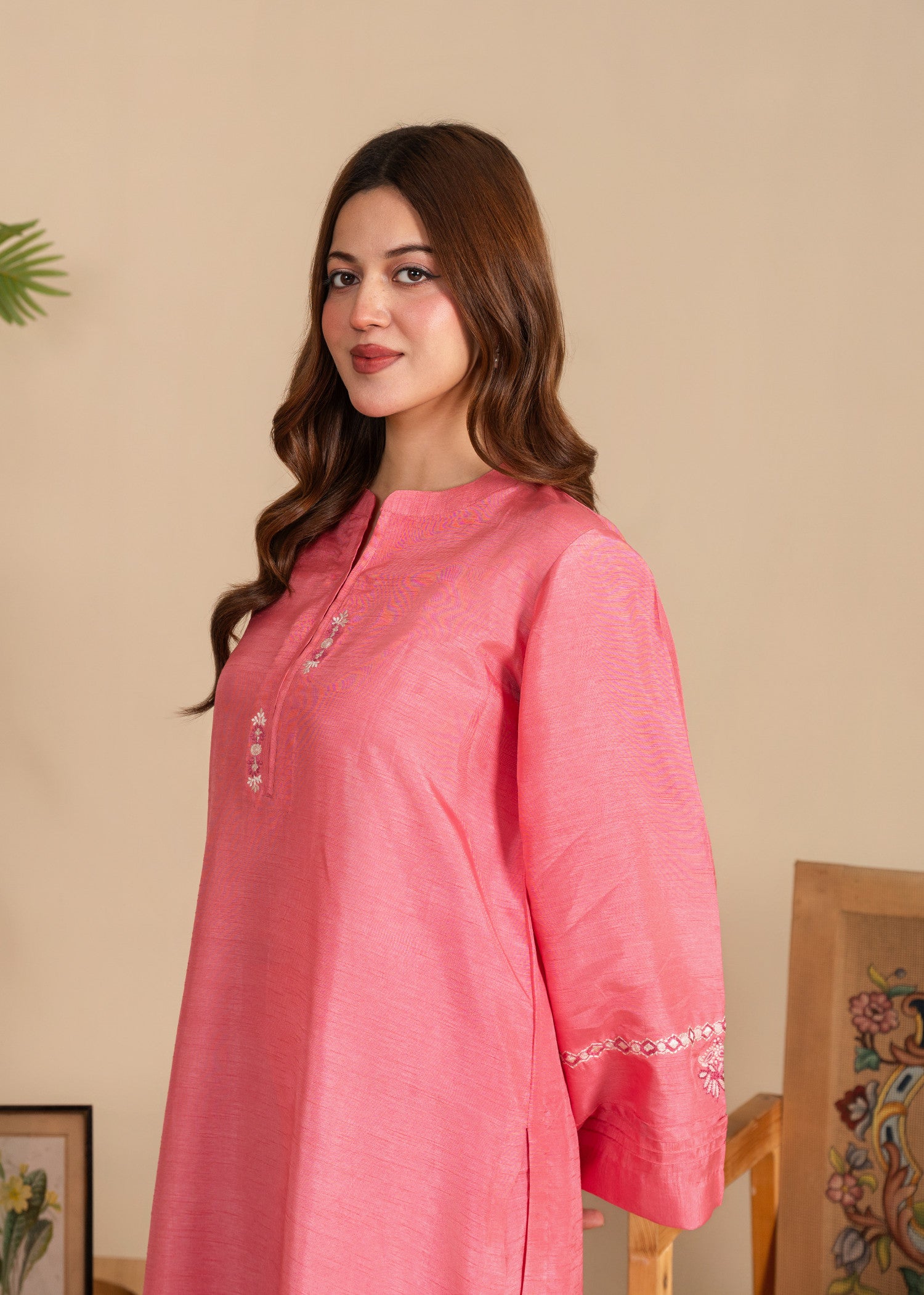 raw silk Kurta Set in Cotton candy pink